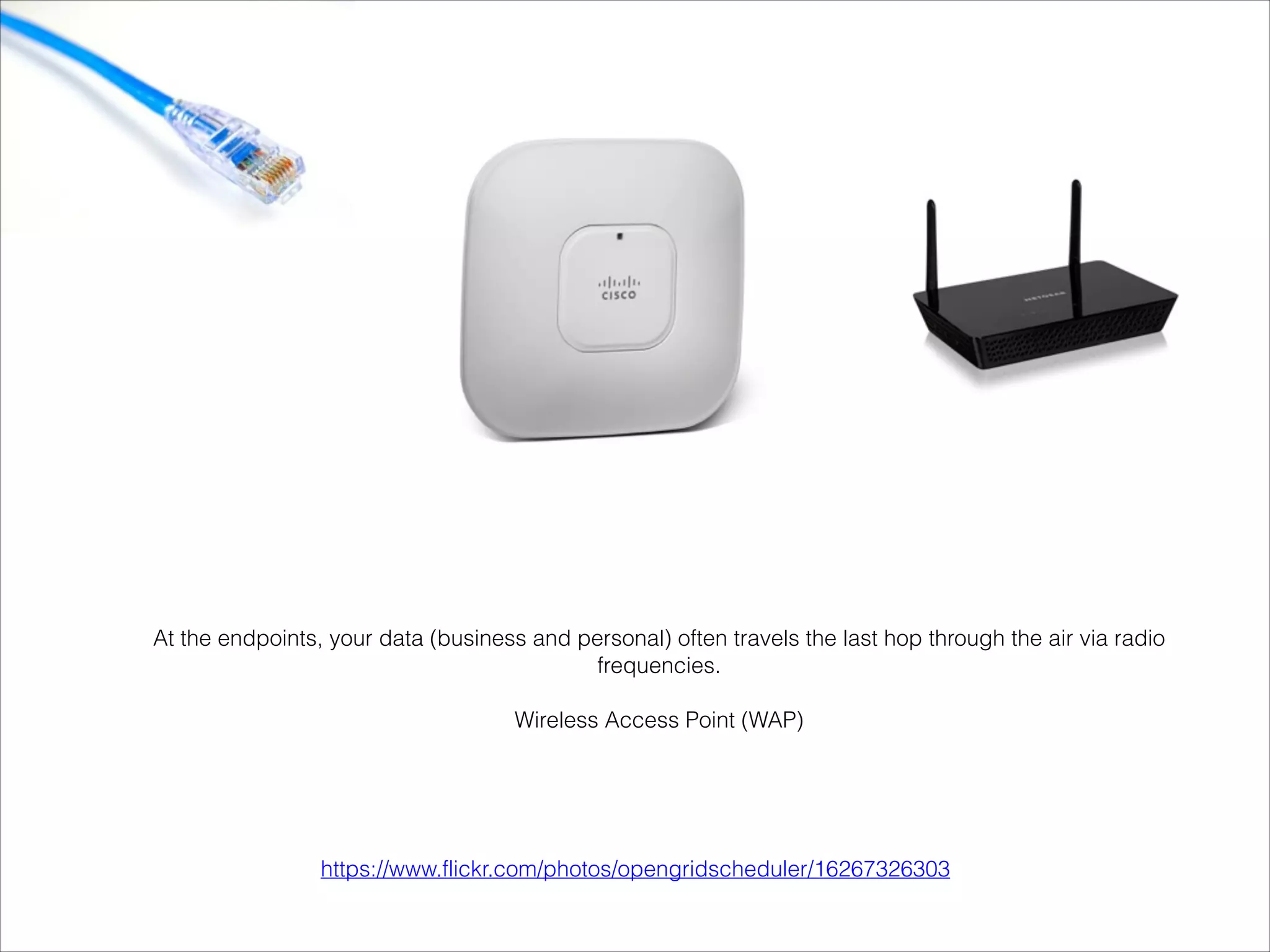 https://www.flickr.com/photos/opengridscheduler/16267326303
At the endpoints, your data (business and personal) often travels the last hop through the air via radio
frequencies.
!
Wireless Access Point (WAP)
 