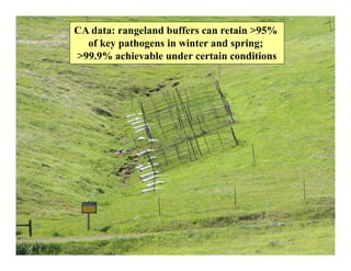CA data: rangeland buffers can retain >95%
of key pathogens in winter and spring;
>99.9% achievable under certain conditions
 