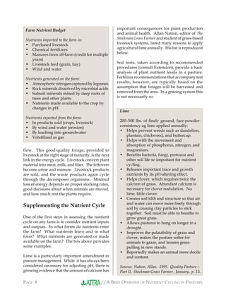 //A BRIEF OVERVIEW OF NUTRIENT CYCLING IN PASTURESPAGE 8
Lime
200–500 lbs. of finely ground, face-powder-
consistency ag lime applied annually:
• Helps prevent weeds such as dandelion,
plantain, chickweed, and buttercup.
• Helps with the movement and
absorption of phosphorus, nitrogen, and
magnesium.
• Benefits bacteria, fungi, protozoa and
other soil life so important for nutrient
cycling.
• Releases important trace and growth
nutrients by its pH-altering effect.
• Helps clover, which requires twice the
calcium of grass. Abundant calcium is
necessary for clover nodulation. No
lime, little clover.
• Creates soil tilth and structure so that air
and water can move more freely through
soil by causing clay particles to stick
together. Soil must be able to breathe to
grow great grass.
• Allows pastures to hang on longer in a
drought.
• Improves the palatability of grass and
clover, makes the pasture softer for
animals to graze, and lessens grass-
pulling in new stands.
• Reportedly makes an animal more docile
and content.
Source: Nation, Allan. 1995. Quality Pasture—
Part II. Stockman Grass Farmer. January. p. 13.
flow. This good-quality forage, provided to
livestock at the right stage of maturity, is the next
link in the energy cycle. Livestock convert plant
material into meat, milk, and fiber. The leftovers
become urine and manure. Livestock products
are sold, and the waste products again cycle
through the decomposer organisms. Minimal
loss of energy depends on proper stocking rates,
good decisions about when animals are moved,
and how much rest the plants require.
Supplementing the Nutrient Cycle
One of the first steps in assessing the nutrient
cycle on any farm is to consider nutrient inputs
and outputs. In what forms do nutrients enter
the farm? What nutrients leave and in what
form? What nutrients are generated or made
available on the farm? The box above provides
some examples.
Lime is a particularly important amendment in
pasture management. While it has always been
considered necessary for adjusting pH, there is
growing evidence that the amount of calcium has
important consequences for plant production
and animal health. Allan Nation, editor of The
Stockman Grass Farmer and student of grass-based
livestock systems, listed many reasons to apply
agricultural lime annually. His list is reproduced
below.
Soil tests, taken according to recommended
procedures (consult Extension), provide a basic
analysis of plant nutrient levels in a pasture.
Fertilizer recommendations that accompany test
results, however, are typically based on the
assumption that forages will be harvested and
removed from the area. In a grazing system this
is not necessarily so.
Farm Nutrient Budget
Nutrients imported to the farm in:
• Purchased livestock
• Chemical fertilizers
• Manures from off-farm (credit for multiple
years)
• Livestock feed (grain, hay)
• Wind and water
Nutrients generated on the farm:
• Atmospheric nitrogen captured by legumes
• Rock minerals dissolved by microbial acids
• Subsoil minerals mined by deep roots of
trees and other plants
• Nutrients made available to the crop by
changes in pH
Nutrients exported from the farm:
• In products sold (crops, livestock)
• By wind and water (erosion)
• By leaching into groundwater
• Volatilized as gas
 