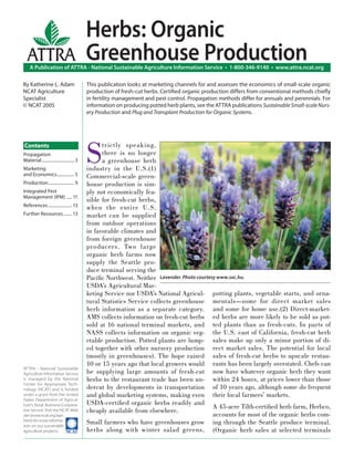 A Publication of ATTRA - National Sustainable Agriculture Information Service • 1-800-346-9140 • www.attra.ncat.org
����
ATTRA
ATTRA - National Sustainable
Agriculture Information Service
is managed by the National
Center for Appropriate Tech-
nology (NCAT) and is funded
under a grant from the United
States Department of Agricul-
ture’s Rural Business-Coopera-
tive Service. Visit the NCAT Web
site (www.ncat.org/agri.
html) for more informa-
tion on our sustainable
agriculture projects.
Contents
By Katherine L. Adam
NCAT Agriculture
Specialist
© NCAT 2005
Herbs: Organic
Greenhouse Production
S
trictly speaking,
there is no longer
a greenhouse herb
industry in the U.S.(1)
Commercial-scale green-
house production is sim-
ply not economically fea-
sible for fresh-cut herbs,
when the entire U.S.
market can be supplied
from outdoor operations
in favorable climates and
from foreign greenhouse
producers. Two large
organic herb farms now
supply the Seattle pro-
duce terminal serving the
Paciﬁc Northwest. Neither
USDA’s Agricultural Mar-
keting Service nor USDA’s National Agricul-
tural Statistics Service collects greenhouse
herb information as a separate category.
AMS collects information on fresh-cut herbs
sold at 16 national terminal markets, and
NASS collects information on organic veg-
etable production. Potted plants are lump-
ed together with other nursery production
(mostly in greenhouses). The hope raised
10 or 15 years ago that local growers would
be supplying large amounts of fresh-cut
herbs to the restaurant trade has been un-
dercut by developments in transportation
and global marketing systems, making even
USDA-certiﬁed organic herbs readily and
cheaply available from elsewhere.
Small farmers who have greenhouses grow
herbs along with winter salad greens,
This publication looks at marketing channels for and assesses the economics of small-scale organic
production of fresh-cut herbs. Certiﬁed organic production differs from conventional methods chieﬂy
in fertility management and pest control. Propagation methods differ for annuals and perennials. For
information on producing potted herb plants, see the ATTRA publications Sustainable Small-scale Nurs-
ery Production and Plug and Transplant Production for Organic Systems.
potting plants, vegetable starts, and orna-
mentals—some for direct market sales
and some for home use.(2) Direct-market-
ed herbs are more likely to be sold as pot-
ted plants than as fresh-cuts. In parts of
the U.S. east of California, fresh-cut herb
sales make up only a minor portion of di-
rect market sales. The potential for local
sales of fresh-cut herbs to upscale restau-
rants has been largely overstated. Chefs can
now have whatever organic herb they want
within 24 hours, at prices lower than those
of 10 years ago, although some do frequent
their local farmers’ markets.
A 45-acre Tilth-certiﬁed herb farm, Herbco,
accounts for most of the organic herbs com-
ing through the Seattle produce terminal.
(Organic herb sales at selected terminals
Lavender. Photo courtesy www.sxc.hu.
Propagation
Material.............................. 3
Marketing
and Economics................ 5
Production........................ 9
Integrated Pest
Management (IPM) ..... 11
References ...................... 13
Further Resources........ 13
 