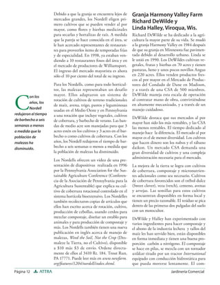 Página 12 ATTRA Jardinería Comercial
Debido a que la granja se encuentra lejos de
mercados grandes, los Nordell eligen pri-
mero cultivos que se pueden vender al por
mayor, como ﬂores y hierbas medicinales
para secarlas y hortalizas de raíz. A medida
que la pareja se hace conocida en el área, se
le han acercado representantes de restauran-
tes para proveerlos ítems de temporadas frías
y de especialidad. En 1998, ya estaban ven-
diendo a 10 restaurantes ﬁnos del área y en
el mercado de productores de Williamsport.
El ingreso del mercado mayorista es ahora
sólo el 10 por ciento del total de su ingreso.
Para los Nordells, como para todo horticul-
tor, las malezas representaban un desafío
mayor. Ellos adaptaron un sistema de
rotación de cultivos de terreno tradicionales
de maíz, avena, trigo, pastos y leguminosas
usadas en el Medio Oeste y en Pennsylvania
a una rotación que incluye vegetales, cultivos
de cobertura, y barbecho de verano. Las ban-
das de medio acre son manejadas para que 3
acres estén en los cultivos y 3 acres en el bar-
becho o como cultivos de cobertura. Con los
años, los Nordell redujeron el tiempo de bar-
becho a seis semanas o menos a medida que
la población de malezas ha disminuido.
Los Nordells ofrecen un video de una pre-
sentación de diapositivas realizada en 1996
por la Pennsylvania Association for the Sus-
tainable Agriculture Conference (Conferen-
cia de la Asociación de Pennsylvania para la
Agricultura Sustentable) que explica su cul-
tivo de cobertura rotacional controlado en el
sistema hortícola bioextensivo. Los Nordelles
también recolectaron copias de artículos que
ellos han escrito acerca de rotación, cultivo,
producción de cebollas, usando cerdos para
mezclar compostaje, diseñar un establo para
animales y para producción de compostaje y
más. Los Nordells también tienen una nueva
publicación en inglés acerca de manejo de
malezas, Weed the Soil, Not the Crop (Des-
maleze la Tierra, no el Cultivo), disponible
a $10 más $3 de envío. Ordene directa-
mente de ellos al 3410 Rt. 184. Trout Run,
PA 17771. Puede leer más en www.newfarm.
org/features/1204/nordell/index.shtml.
Granja Harmony Valley Farm
Richard DeWilde y
Linda Halley, Viroqua, Wis.
Richard DeWilde se ha dedicado a la agri-
cultura la mayor parte de su vida. Se mudó
a la granja Harmony Valley en 1984 después
de que su granja en Minnesota fue pavimen-
tada debido al desarrollo urbano. Linda se
le unió en 1990. Los DeWildes cultivan ve-
getales, frutas y hierbas en 70 acres y tienen
pasturas, heno y unos pocos novillos Angus
en 220 acres. Ellos venden productos fres-
cos al por mayor en el Mercado de Produc-
tores del Condado de Dane en Madison,
y a través de una CSA de 500 mienbros.
DeWilde maneja esta escala de operación
al contratar mano de obra, convirtiéndose
en altamente mecanizado, y a través de un
manejo cuidadoso.
DeWilde destaca que sus mercados al por
mayor han sido los más rentables, y las CSA
las menos rentables. El tiempo dedicado al
manejo hace la diferencia. El mercado al por
mayor es el de menor diversidad. Los cultivos
que hacen dinero son los nabos y el rábano
daikon. Un mercado CSA demanda una
gran diversidad de cultivos y una compleja
administración necesaria para el mercado.
La mejora de la tierra se logra con cultivos
de cobertura, compostaje y micronutrien-
tes adicionales como sea necesario. Cultivos
de cobertura favorecidos son el trébol dulce
(Sweet clover), veza (vetch), centeno, avenas
y arvejas. Las semillas para estos cultivos
se encuentran disponibles en forma local y
tienen un precio razonable. El residuo se pica
dentro de las primeras dos pulgadas del suelo
con un motocultor.
DeWilde y Halley han experimentado con
varios ingredientes para hacer compostaje y
el abono de la industria lechera y tallos del
maíz les han servido bien, están disponibles
en forma inmediata y tienen una buena pro-
porción carbón a nitrógeno. El compostaje
se hace en pilas, se mezcla con un tornador
wildcat tirado por un tractor International
equipado con conducción hidrostática para
que pueda moverse lentamente. El com-
C
on los
años, los
Nordell
redujeron el tiempo
de barbecho a seis
semanas o menos
a medida que la
población de
malezas ha
disminuido.
 