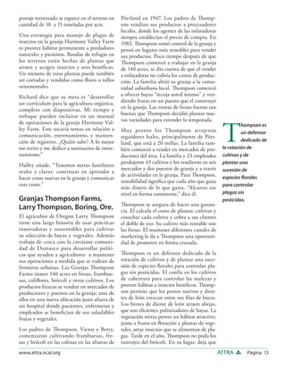 Página 13ATTRAwww.attra.ncat.org
postaje terminado se esparce en el terreno en
cantidad de 10 a 15 toneladas por acre.
Una estrategia para manejo de plagas de
insectos en la granja Harmony Valley Farm
es proveer hábitat permanente a predadores
naturales y parásitos. Bandas de refugio en
los terrenos están hechas de plantas que
atraen y acogen insectos y aves benéﬁcas.
Un número de estas plantas puede también
ser cortadas y vendidas como ﬂores o tallos
ornamentales.
Richard dice que su meta es “desarrollar
un currículum para la agricultura orgánica,
completo con diapositivas. Mi tiempo y
enfoque pueden incluirse en un manual
de operaciones de la granja Harmony Val-
ley Farm. Este tocaría temas en relación a
comunicación, entrenamiento, y manten-
ción de registros. ¿Quién sabe? A lo mejor
me retiro y me dedico a seminarios de entre-
namiento.”
Halley añade, “Tenemos metas familiares
reales y claras: continuar en aprender a
hacer cosas nuevas en la granja y comunicar
esas cosas.”
Granjas Thompson Farms,
Larry Thompson, Boring, Ore.
El agricultor de Oregon Larry Thompson
tiene una larga historia de usar prácticas
innovadoras y sustentables para cultivar
su selección de bayas y vegetales. Además
trabaja de cerca con la creciente comuni-
dad de Damasco para desarrollar políti-
cas que ayuden a agricultores a mantener
sus operaciones a medida que se rodean de
fronteras urbanas. Las Granjas Thompson
Farms tienen 140 acres en fresas, frambue-
sas, coliﬂores, brócoli y otros cultivos. Los
productos frescos se venden en mercados de
productores y puestos en la granja; uno de
ellos en una nueva ubicación justo afuera de
un hospital donde pacientes, enfermeras y
empleados se beneﬁcian de sus saludables
frutas y vegetales.
Los padres de Thompson, Victor y Betty,
comenzaron cultivando frambuesas, fre-
sas y brócoli en las colinas en las afueras de
Pórtland en 1947. Los padres de Thomp-
son vendían sus productos a procesadores
locales, donde los agentes de las enlatadoras
siempre establecían el precio de compra. En
1983, Thompson tomó control de la granja y
pensó en lugares más rentables para vender
sus productos. Poco tiempo después de que
Thompson comenzó a trabajar en la granja
de 140 acres, se dio cuenta de que el vender
a enlatadoras no cubría los costos de produc-
ción. La familia abrió su granja a la comu-
nidad suburbana local. Thompson comenzó
a ofrecer bayas “recoja usted mismo” y ven-
diendo frutas en un puesto que el construyó
en la granja. Las ventas de fresas fueron tan
buenas que Thompson decidió plantar nue-
vas variedades para extender la temporada.
Muy pronto los Thompson atrajeron
seguidores leales, principalmente de Pórt-
land, que está a 20 millas. La familia tam-
bién comenzó a vender en mercados de pro-
ductores del área. La familia y 23 empleados
produjeron 43 cultivos y los vendieron en seis
mercados y dos puestos de granja y a través
de actividades en la granja. Para Thompson,
rentabilidad signiﬁca que cada año que gana
más dinero de lo que gasta. “Alcanzo ese
nivel en forma consistente,” dice él.
Thompson se asegura de hacer una ganan-
cia. El calcula el costo de plantar, cultivar y
cosechar cada cultivo y cobra a sus clientes
el doble de eso. Su cultivo más rentable son
las fresas. El mantener diferentes canales de
marketing le da a Thompson una oportuni-
dad de promover en forma cruzada.
Thompson es un defensor dedicado de la
rotación de cultivos y de plantar una suce-
sión de especies ﬂorales para controlar pla-
gas sin pesticidas. El confía en los cultivos
de cobertura para controlar las malezas y
proveer hábitat a insectos benéﬁcos. Thomp-
son permite que los pastos nativos y dien-
tes de león crezcan entre sus ﬁlas de bayas.
Los brotes de diente de león atraen abejas,
que son eﬁcientes polinizadores de bayas. La
vegetación mixta provee un hábitat atractivo,
junto a frutos en ﬂoración y plantas de vege-
tales, atrae insectos que se alimentan de pla-
gas. Tarde en el año, Thompson no poda los
rastrojos del brócoli. En su lugar, deja que
T
hompson es
un defensor
dedicado de
la rotación de
cultivos y de
plantar una
sucesión de
especies ﬂorales
para controlar
plagas sin
pesticidas.
 