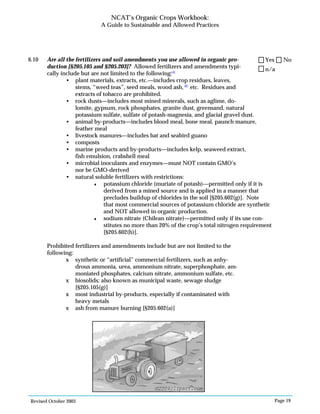 Revised October 2003 Page 19
NCAT’s Organic Crops Workbook:
A Guide to Sustainable and Allowed Practices
6.10 Are all the fertilizers and soil amendments you use allowed in organic pro-
duction [§205.105 and §205.203]? Allowed fertilizers and amendments typi-
cally include but are not limited to the following:41
• plant materials, extracts, etc.—includes crop residues, leaves,
stems, “weed teas”, seed meals, wood ash, 42
etc. Residues and
extracts of tobacco are prohibited.
• rock dusts—includes most mined minerals, such as aglime, do-
lomite, gypsum, rock phosphates, granite dust, greensand, natural
potassium sulfate, sulfate of potash-magnesia, and glacial gravel dust.
• animal by-products—includes blood meal, bone meal, paunch manure,
feather meal
• livestock manures—includes bat and seabird guano
• composts
• marine products and by-products—includes kelp, seaweed extract,
fish emulsion, crabshell meal
• microbial inoculants and enzymes—must NOT contain GMO’s
nor be GMO-derived
• natural soluble fertilizers with restrictions:
potassium chloride (muriate of potash)—permitted only if it is
derived from a mined source and is applied in a manner that
precludes buildup of chlorides in the soil [§205.602(g)]. Note
that most commercial sources of potassium chloride are synthetic
and NOT allowed in organic production.
sodium nitrate (Chilean nitrate)—permitted only if its use con-
stitutes no more than 20% of the crop’s total nitrogen requirement
[§205.602(h)].
Prohibited fertilizers and amendments include but are not limited to the
following:
x synthetic or “artificial” commercial fertilizers, such as anhy-
drous ammonia, urea, ammonium nitrate, superphosphate, am-
moniated phosphates, calcium nitrate, ammonium sulfate, etc.
x biosolids; also known as municipal waste, sewage sludge
[§205.105(g)]
x most industrial by-products, especially if contaminated with
heavy metals
x ash from manure burning [§205.602(a)]
n/a
Yes No
©2004clipart.com
 