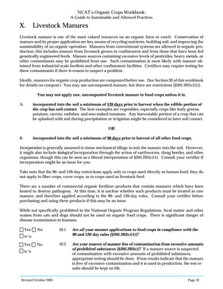 Revised October 2003 Page 32
NCAT’s Organic Crops Workbook:
A Guide to Sustainable and Allowed Practices
X. Livestock Manures
Livestock manure is one of the most valued resources on an organic farm or ranch. Conservation of
manure and its proper application are key means of recycling nutrients, building soil, and improving the
sustainability of an organic operation. Manures from conventional systems are allowed in organic pro-
duction; this includes manure from livestock grown in confinement and from those that have been fed
genetically engineered feeds. Manure sources containing excessive levels of pesticides, heavy metals, or
other contaminants may be prohibited from use. Such contamination is most likely with manure ob-
tained from industrial-scale feedlots and other confinement facilities. Certifiers may require testing for
these contaminants if there is reason to suspect a problem.
Ideally, manures for organic crop production are composted before use. (See Section XI of this workbook
for details on compost.) You may use uncomposted manure, but there are restrictions [§205.203(c)(1)].
You may not apply raw, uncomposted livestock manure to food crops unless it is:
A. incorporated into the soil a minimum of 120 days prior to harvest when the edible portion of
the crop has soil contact. The best examples are vegetables, especially crops like leafy greens,
potatoes, carrots, radishes, and non-staked tomatoes. Any harvestable portion of a crop that can
be splashed with soil during precipitation or irrigation might be considered to have soil contact.
OR
B. incorporated into the soil a minimum of 90 days prior to harvest of all other food crops.
Incorporation is generally assumed to mean mechanical tillage to mix the manure into the soil. However,
it might also include biological incorporation through the action of earthworms, dung beetles, and other
organisms, though this can be seen as a liberal interpretation of §205.203(c)(1). Consult your certifier if
incorporation might be an issue for you.
Take note that the 90- and 120-day restrictions apply only to crops used directly as human food; they do
not apply to fiber crops, cover crops, or to crops used as livestock feed.
There are a number of commercial organic fertilizer products that contain manures which have been
heated to destroy pathogens. At this time, it is unclear whether such products must be treated as raw
manure, and therefore applied according to the 90- and 120-day rules. Consult your certifier before
purchasing and using these products if this may be an issue.
While not specifically prohibited in the National Organic Program Regulations, fecal matter and other
wastes from cats and dogs should not be used on organic food crops. There is significant danger of
disease transmission to humans.
10.1 Are all your manure applications to food crops in compliance with the
90 and 120-day rules [§205.203(c)(1)]?
10.2 Are your sources of manure free of contamination from excessive amounts
of prohibited substances [§205.203(c)]? If a manure source is suspected
of contamination with excessive amounts of prohibited substances,
appropriate testing should be done. If test results indicate that the manure
is free of excessive contamination and it is used in production, the test re-
sults should be kept on file.
n/a
Yes No
n/a
Yes No
 