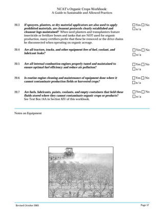 Revised October 2003 Page 57
NCAT’s Organic Crops Workbook:
A Guide to Sustainable and Allowed Practices
20.3 If sprayers, planters, or dry material applicators are also used to apply
prohibited materials, are cleanout protocols clearly established and
cleanout logs maintained? When seed planters and transplanters feature
insecticide or fertilizer boxes and tanks that are NOT used for organic
production, many certifiers prefer that these be removed or the drive chains
be disconnected when operating on organic acreage.
20.4 Are all tractors, trucks, and other equipment free of fuel, coolant, and
lubricant leaks?
20.5 Are all internal combustion engines properly tuned and maintained to
ensure optimal fuel efficiency and reduce air pollution?
20.6 Is routine engine cleaning and maintenance of equipment done where it
cannot contaminate production fields or harvested crops?
20.7 Are fuels, lubricants, paints, coolants, and empty containers that held these
fluids stored where they cannot contaminate organic crops or products?
See Text Box 14A in Section XIV of this workbook.
Notes on Equipment
n/a
Yes No
n/a
Yes No
n/a
Yes No
n/a
Yes No
n/a
Yes No
©2004clipart.com
 