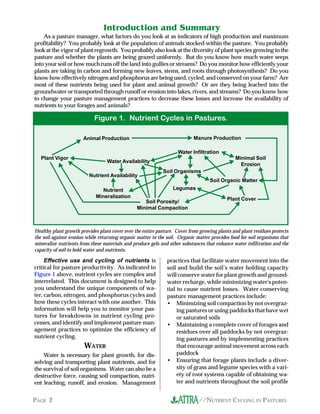//NUTRIENT CYCLING IN PASTURESPAGE 2
As a pasture manager, what factors do you look at as indicators of high production and maximum
profitability? You probably look at the population of animals stocked within the pasture. You probably
look at the vigor of plant regrowth. You probably also look at the diversity of plant species growing in the
pasture and whether the plants are being grazed uniformly. But do you know how much water seeps
into your soil or how much runs off the land into gullies or streams? Do you monitor how efficiently your
plants are taking in carbon and forming new leaves, stems, and roots through photosynthesis? Do you
know how effectively nitrogen and phosphorus are being used, cycled, and conserved on your farm? Are
most of these nutrients being used for plant and animal growth? Or are they being leached into the
groundwater or transported through runoff or erosion into lakes, rivers, and streams? Do you know how
to change your pasture management practices to decrease these losses and increase the availability of
nutrients to your forages and animals?
Effective use and cycling of nutrients is
critical for pasture productivity. As indicated in
Figure 1 above, nutrient cycles are complex and
interrelated. This document is designed to help
you understand the unique components of wa-
ter, carbon, nitrogen, and phosphorus cycles and
how these cycles interact with one another. This
information will help you to monitor your pas-
tures for breakdowns in nutrient cycling pro-
cesses, and identify and implement pasture man-
agement practices to optimize the efficiency of
nutrient cycling.
WATER
Water is necessary for plant growth, for dis-
solving and transporting plant nutrients, and for
the survival of soil organisms. Water can also be a
destructive force, causing soil compaction, nutri-
ent leaching, runoff, and erosion. Management
practices that facilitate water movement into the
soil and build the soil’s water holding capacity
will conserve water for plant growth and ground-
water recharge, while minimizing water's poten-
tial to cause nutrient losses. Water-conserving
pasture management practices include:
• Minimizing soil compaction by not overgraz-
ing pastures or using paddocks that have wet
or saturated soils
• Maintaining a complete cover of forages and
residues over all paddocks by not overgraz-
ing pastures and by implementing practices
that encourage animal movement across each
paddock
• Ensuring that forage plants include a diver-
sity of grass and legume species with a vari-
ety of root systems capable of obtaining wa-
ter and nutrients throughout the soil profile
Healthy plant growth provides plant cover over the entire pasture. Cover from growing plants and plant residues protects
the soil against erosion while returning organic matter to the soil. Organic matter provides food for soil organisms that
mineralize nutrients from these materials and produce gels and other substances that enhance water infiltration and the
capacity of soil to hold water and nutrients.
Animal Production Manure Production
Water Availability
Water Infiltration
Figure 1. Nutrient Cycles in Pastures.
Minimal Soil
Erosion
Soil Organisms
Plant Vigor
Nutrient Availability
Soil Organic Matter
Plant Cover
Soil Porosity/
Minimal Compaction
Nutrient
Mineralization
Legumes
T
T
T
T
T
T
T
T
TT
T
T
T
T
T
T
T
TT
T
T
T
T
T
T
T
T
T
T
T
T T
T
Introduction and Summary
 