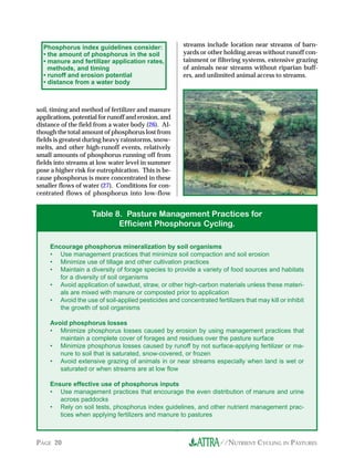 //NUTRIENT CYCLING IN PASTURESPAGE 20
Phosphorus index guidelines consider:
• the amount of phosphorus in the soil
• manure and fertilizer application rates,
methods, and timing
• runoff and erosion potential
• distance from a water body
Encourage phosphorus mineralization by soil organisms
• Use management practices that minimize soil compaction and soil erosion
• Minimize use of tillage and other cultivation practices
• Maintain a diversity of forage species to provide a variety of food sources and habitats
for a diversity of soil organisms
• Avoid application of sawdust, straw, or other high-carbon materials unless these materi-
als are mixed with manure or composted prior to application
• Avoid the use of soil-applied pesticides and concentrated fertilizers that may kill or inhibit
the growth of soil organisms
Avoid phosphorus losses
• Minimize phosphorus losses caused by erosion by using management practices that
maintain a complete cover of forages and residues over the pasture surface
• Minimize phosphorus losses caused by runoff by not surface-applying fertilizer or ma-
nure to soil that is saturated, snow-covered, or frozen
• Avoid extensive grazing of animals in or near streams especially when land is wet or
saturated or when streams are at low flow
Ensure effective use of phosphorus inputs
• Use management practices that encourage the even distribution of manure and urine
across paddocks
• Rely on soil tests, phosphorus index guidelines, and other nutrient management prac-
tices when applying fertilizers and manure to pastures
Table 8. Pasture Management Practices for
Efficient Phosphorus Cycling.
soil, timing and method of fertilizer and manure
applications, potential for runoff and erosion, and
distance of the field from a water body (26). Al-
though the total amount of phosphorus lost from
fields is greatest during heavy rainstorms, snow-
melts, and other high-runoff events, relatively
small amounts of phosphorus running off from
fields into streams at low water level in summer
pose a higher risk for eutrophication. This is be-
cause phosphorus is more concentrated in these
smaller flows of water (27). Conditions for con-
centrated flows of phosphorus into low-flow
streams include location near streams of barn-
yards or other holding areas without runoff con-
tainment or filtering systems, extensive grazing
of animals near streams without riparian buff-
ers, and unlimited animal access to streams.
 