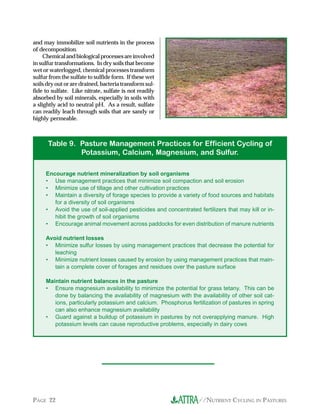 //NUTRIENT CYCLING IN PASTURESPAGE 22
and may immobilize soil nutrients in the process
of decomposition.
Chemicalandbiologicalprocessesareinvolved
in sulfur transformations. In dry soils that become
wet or waterlogged, chemical processes transform
sulfur from the sulfate to sulfide form. If these wet
soils dry out or are drained, bacteria transform sul-
fide to sulfate. Like nitrate, sulfate is not readily
absorbed by soil minerals, especially in soils with
a slightly acid to neutral pH. As a result, sulfate
can readily leach through soils that are sandy or
highly permeable.
Table 9. Pasture Management Practices for Efficient Cycling of
Potassium, Calcium, Magnesium, and Sulfur.
Encourage nutrient mineralization by soil organisms
• Use management practices that minimize soil compaction and soil erosion
• Minimize use of tillage and other cultivation practices
• Maintain a diversity of forage species to provide a variety of food sources and habitats
for a diversity of soil organisms
• Avoid the use of soil-applied pesticides and concentrated fertilizers that may kill or in-
hibit the growth of soil organisms
• Encourage animal movement across paddocks for even distribution of manure nutrients
Avoid nutrient losses
• Minimize sulfur losses by using management practices that decrease the potential for
leaching
• Minimize nutrient losses caused by erosion by using management practices that main-
tain a complete cover of forages and residues over the pasture surface
Maintain nutrient balances in the pasture
• Ensure magnesium availability to minimize the potential for grass tetany. This can be
done by balancing the availability of magnesium with the availability of other soil cat-
ions, particularly potassium and calcium. Phosphorus fertilization of pastures in spring
can also enhance magnesium availability
• Guard against a buildup of potassium in pastures by not overapplying manure. High
potassium levels can cause reproductive problems, especially in dairy cows
 