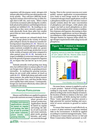 //NUTRIENT CYCLING IN PASTURES PAGE 33
organisms will decompose moist, nitrogen-rich
manure piles derived from succulent grasses rela-
tively quickly. They will have difficulty break-
ing down manure derived from hay or older for-
ages that is stiff, dry, and crusty. When a hard
crust forms on manure piles during dry weather,
both physical breakdown and biological decom-
position are inhibited (41). By treading on ma-
nure piles as they move around a pasture, ani-
mals physically break these piles into smaller
pieces that are more easily consumed by soil or-
ganisms.
Because nutrients are released slowly from
manure, forage plants in the vicinity of manure
piles will grow slowly for about two months fol-
lowing manure deposition (41, 42). However, as
decomposition of manure piles by soil organisms
makes nutrients available for plant use, greater
pasture regrowth and forage production occurs
in the vicinity of manure and urine compared to
other pasture areas (49, 54, 56). Increases in ni-
trogen availability in areas near manure piles can
favor the growth of grasses compared to legumes
(9), an impact that can last for up to two years
(41).
Animals naturally avoid grazing near dung
sites, but will feed closer to manure piles (41) and
use forages more efficiently as grazing pressure
intensifies. In multispecies grazing systems,
sheep do not avoid cattle manure as much as
cattle do (57). While both sheep and cattle avoid
sheep manure, the pellet form of sheep manure
has a large surface area, and thus breaks down
more rapidly than cattle manure. Consequently,
forages are used more effectively when cattle are
combined with sheep.
haying. Prior to the current concerns over water
quality, manure application recommendations
were made to meet forage needs for nitrogen.
Continued nitrogen-based applications result in
a phosphorus build-up in the soil since manure
usually contains about the same concentration
of phosphorus and nitrogen, while plants only
require one-half as much phosphorus as nitro-
gen. In diverse pastures that contain a combina-
tion of grasses and legumes, decreasing or elimi-
nating manure applications can lower phospho-
rus imbalances while maintaining forage yields.
Nitrogen fixation by legumes helps satisfy for-
age nitrogen requirements while using excess soil
phosphorus.
PASTURE FERTILIZATION
Manure and fertilizers are applied to pastures
to provide nutrients necessary to obtain effective
plant growth and
animal production.
Applications should
be based on regular
soil testing, the abil-
ity of soil to provide
and retain nutrients,
plant needs, grazing
intensity, and nutri-
ent removals through
Fertilizer and manure
applications should
be based on regular
soil testing, the abil-
ity of soil to provide
and retain nutrients,
plant needs, and
grazing intensity.
On some farms, manure is applied to soil as
a waste product. Instead of being applied ac-
cording to crop needs, manure is primarily ap-
plied according to the need to dispose of manure,
the location of fields in relation to the barn, and
the accessibility of fields during bad weather.
These “waste application” practices present a
high potential for nutrient buildup and move-
ment of excess nutrients to ground or surface
waters.
To ensure that manure is used effectively as
a source of plant nutrients and poses minimal
risks to the environment, it should be applied
according to a nutrient management plan. Natu-
ral Resources Conservation Service or Soil and
Water Conservation District personnel, as well
Applying manure to meet the nitrogen needs
of corn (about 200 lbs. N/acre) adds much
more phosphorus than corn needs.
Figure 11. P Added in Manure/
Removed by Crop.
Corn
Dairymanure
Poultrylitter
Premoved(lb./acre)
P added (lb./acre)
From Sharpley, et al. (Reference 58)
 