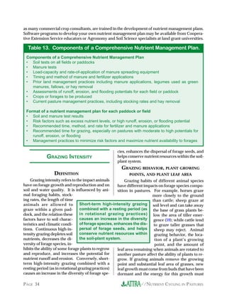 //NUTRIENT CYCLING IN PASTURESPAGE 34
as many commercial crop consultants, are trained in the development of nutrient management plans.
Software programs to develop your own nutrient management plan may be available from Coopera-
tive Extension Service educators or Agronomy and Soil Science specialists at land grant universities.
cies, enhances the dispersal of forage seeds, and
helps conserve nutrient resources within the soil-
plant system.
GRAZING BEHAVIOR, PLANT GROWING
POINTS, AND PLANT LEAF AREA
Grazing habits of different animal species
have different impacts on forage species compo-
sition in pastures. For example, horses graze
more closely to the ground
than cattle; sheep graze at
soil level and can take away
the base of grass plants be-
low the area of tiller emer-
gence (59); while cattle tend
to graze taller grasses that
sheep may reject. Animal
grazing behavior, the loca-
tion of a plant’s growing
point, and the amount of
leaf area remaining when animals are rotated to
another pasture affect the ability of plants to re-
grow. If grazing animals remove the growing
point and substantial leaf area of grasses, new
leaf growth must come from buds that have been
dormant and the energy for this growth must
DEFINITION
Grazing intensity refers to the impact animals
have on forage growth and reproduction and on
soil and water quality. It is influenced by ani-
mal foraging habits, stock-
ing rates, the length of time
animals are allowed to
graze within a given pad-
dock, and the relation these
factors have to soil charac-
teristics and climatic condi-
tions. Continuous high-in-
tensity grazing depletes soil
nutrients, decreases the di-
versity of forage species, in-
hibits the ability of some forage plants to regrow
and reproduce, and increases the potential for
nutrient runoff and erosion. Conversely, short-
term high-intensity grazing combined with a
resting period (as in rotational grazing practices)
causes an increase in the diversity of forage spe-
Table 13. Components of a Comprehensive Nutrient Management Plan.
Components of a Comprehensive Nutrient Management Plan
• Soil tests on all fields or paddocks
• Manure tests
• Load-capacity and rate-of-application of manure spreading equipment
• Timing and method of manure and fertilizer applications
• Prior land management practices including manure applications, legumes used as green
manures, fallows, or hay removal
• Assessments of runoff, erosion, and flooding potentials for each field or paddock
• Crops or forages to be produced
• Current pasture management practices, including stocking rates and hay removal
Format of a nutrient management plan for each paddock or field
• Soil and manure test results
• Risk factors such as excess nutrient levels, or high runoff, erosion, or flooding potential
• Recommended time, method, and rate for fertilizer and manure applications
• Recommended time for grazing, especially on pastures with moderate to high potentials for
runoff, erosion, or flooding
• Management practices to minimize risk factors and maximize nutrient availability to forages
Short-term high-intensity grazing
combined with a resting period (as
in rotational grazing practices)
causes an increase in the diversity
of forage species, enhances the dis-
persal of forage seeds, and helps
conserve nutrient resources within
the soil-plant system.
GRAZING INTENSITY
 