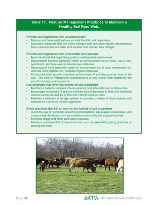 //NUTRIENT CYCLING IN PASTURESPAGE 46
Provide soil organisms with a balanced diet
• Manure and perennial pastures provide food for soil organisms
• Succulent materials that are more nitrogen-rich are more rapidly decomposed
than materials that are older and woodier and contain less nitrogen
Provide soil organisms with a favorable environment
• Most beneficial soil organisms prefer a well-aerated environment
• Decomposer bacteria generally prefer an environment that is moist, has a near
neutral pH, and has easy-to-decompose materials
• Decomposer fungi generally prefer an environment that is acid, moderately dry,
and has more carbon-rich, complex organic materials
• Continuous plant growth maintains environment of actively growing roots in the
soil. The root or rhizosphere environment is a very nutrien-rich habitat for the
growth of many soil organisms
Use practices that favor the growth of soil organisms
• Maintain a balance between intense grazing and adequate rest or fallow time
• Encourage movement of grazing animals across pastures to feed and distribute
manure evenly as well as to kick and trample manure piles
• Maintain a diversity of forage species to provide a variety of food sources and
habitats for a diversity of soil organisms
Avoid practices that kill or destroy the habitat of soil organisms
• Avoid the use of Ivomectin deworming medications, soil-applied insecticides, and
concentrated fertilizers such as anhydrous ammonia and superphosphate
• Minimize tillage and other cultivation practices
• Minimize practices that compact the soil, such as extended grazing practices or
grazing wet soils
Table 17. Pasture Management Practices to Maintain a
Healthy Soil Food Web.
 