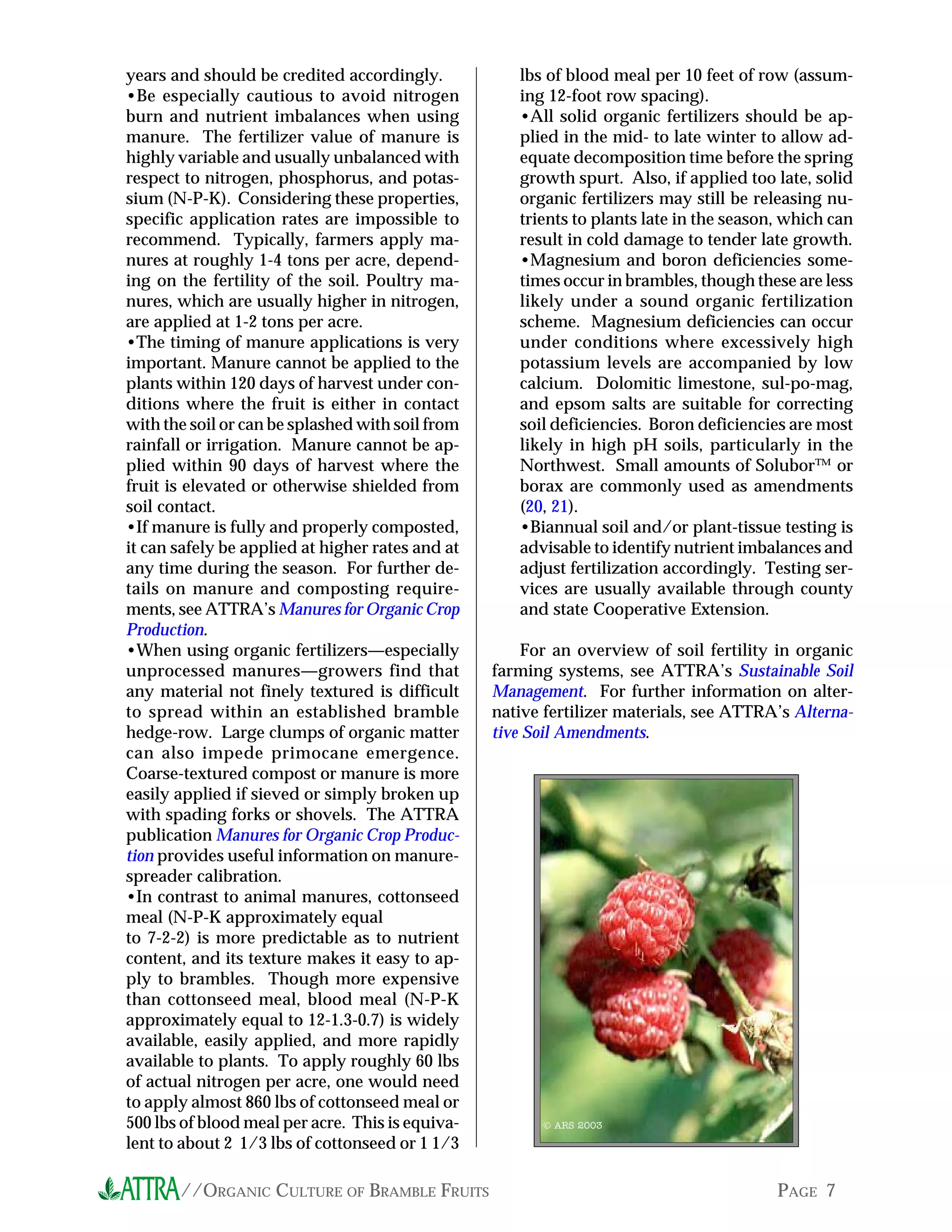 //ORGANIC FARM CERTIFICATION & THE NATIONAL ORGANIC PROGRAM PAGE 7
Notes & References
The National Organic Program Website at
<http://www.ams.usda.gov/nop/> has been
cited several times throughout this publication.
It is important to note the wealth of additional
information that can be found there, including
background information on the legislation, an
FAQ (Frequently Asked Questions) page, and
guidance from the National Organic Standards
Board (NOSB)—an advisory body to the NOP
that assists in interpreting the Regulations and
makes recommendations on materials and prac-
tices that can and cannot be used in organic pro-
duction.
The Organic Trade Association Website features
a summary legislation page at <http://
www.ota.com/legislat.htm>, which gives an
excellent overview of the history of federal regu-
lation plus many details contained in the Regu-
lations.
1) OTA (the Organic Trade Association) is a
membership-based business association
representing the organic industry in
Canada, the U. S., and Mexico. It works
to promote organic products in the mar-
ketplace and to protect the integrity of
organic standards. For more information,
visit their Website at <http://
www.ota.com/>.
2) OMRI (the Organic Materials Review
Institute) evaluates materials for use in
most aspects of organic production,
handling, and processing. Their pub-
lished guides of approved inputs are
invaluable for informing clients as to
what they may and may not use in their
operations. For more information on
OMRI, visit their Website at <http://
www.omri.org/>.
3) Like Organic, Free Farmed is another
example of eco-labeling. For more infor-
mation on the Free Farmed label, visit the
Farm Animal Services Website at <http:/
/www.freefarmed.org/>.
4) IFOAM is the International Federation of
Organic Agriculture Movements. Their
accreditation program for organic certifi-
cation agencies is operated by the Interna-
tional Organic Accreditation Service (IOAS).
For more information on IOAS and
IFOAM, visit their Website at <http://
www.ifoam.org/>.
5) For more information on the organic farm
plan requirement, please request a copy of
the ATTRA publication Creating An
Organic Production and Handling System
Plan. This publication includes template
forms in common use by certification
agencies.
6) The kinds of additional information a
certification agent might seek are various.
In some instances the agent may require
that additional testing of soils, water,
compost, crops, feeds, or other items be
done. This is typically required if there is
reason to expect excessive contamination
with prohibited substances. Requests for
additional testing might be made at any
point in the application process or later.
7) Organic inspectors may be employees of
the certifier, but many are independent
contractors. Many inspectors are mem-
bers of, and receive training from, the
Independent Organic Inspectors Associa-
tion (IOIA). For more information on
IOIA, visit their Website at <http://
www.ioia.net/>.
8) According to John Foster (Quality Assur-
ance International), farmers with minor
noncompliances might be granted certifi-
cation with the understanding that these
violations be corrected within a specified
time period. Where major
noncompliances occur, certification is
likely to be withheld until the applicant
has made and documented the required
changes. (Information provided via
personal communication, March 2002.)
Further Resources
 