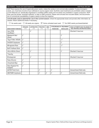 Page 16 Organic System Plans: Field and Row Crops and Pasture and Range Systems
SECTION 3: Seeds and seed treatments NOP Rule 205.204
NOP Rule requires the use of organically grown seeds, unless the variety is not commercially available. If using nonorganic
seeds, you must have records of your attempts to source organic seed. Synthetic seed treatments are prohibited unless included
on the National List. Genetically engineered or modiﬁed (GMO) seeds and inoculants are prohibited in organic production. NOP
Rule uses the phrase “excluded methods” to refer to GMO products. Please save all seed and inoculant labels, and documenta-
tion of commercial unavailability of organic seeds to show the inspector.
List all seeds used or planned for use in the current season. Check the appropriate boxes and provide other information as
needed. Attach additional sheets if necessary.
No seeds used All seeds are organic Some untreated seed used No GMO seeds purchased/planted
SEED/VARIETY/BRAND
ORGANIC
( )
UNTREATED
( )
TREATED
( )
GMO
( )
TYPE/BRAND OF TREATMENT WHAT ATTEMPTS DID YOU MAKE TO
USE ORGANIC/UNTREATED SEED?FUNGICIDE INOCULANT
Sun 3708
Sunﬂower
√ Checked 3 sources
Mammoth Red
Clover
√ √
Tug of War Alfalfa √ √
IA2020 Soybeans √ √
Miragreen Peas √ √
Buff Hulless Oats √
Alice White Clover √ √ Checked 3 sources
Timothy √
Bromegrass √ Checked 3 sources
Puna Chicory √
Aroostook Rye √
New England Pie
Pumpkin
√
K6700 Field Corn √ √ Conventional ﬁeld only
KB276RR Soybeans √ √ √ √ Conventional ﬁeld only
 