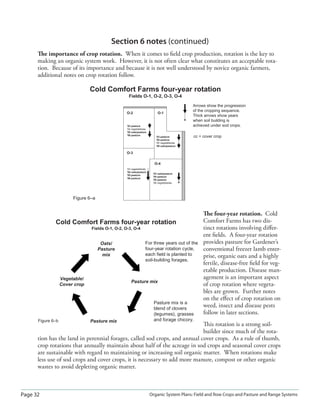 Page 32 Organic System Plans: Field and Row Crops and Pasture and Range Systems
O-2
O-3
O-4
O-1
Cold Comfort Farms four-year rotation
Fields O-1, O-2, O-3, O-4
’03 pasture
’04 pasture
’05 vegetable/cc
’06 oats/pasture
’03 pasture
’04 vegetable/cc
’05 oats/pasture
’06 pasture
’03 vegetable/cc
’04 oats/pasture
’05 pasture
’06 pasture
’03 oats/pasture
’04 pasture
’05 pasture
’06 vegetable/cc
Arrows show the progression
of the cropping sequence.
Thick arrows show years
when soil building is
achieved under sod crops.
cc = cover crop
Figure 6–a
Section 6 notes (continued)
The importance of crop rotation. When it comes to ﬁeld crop production, rotation is the key to
making an organic system work. However, it is not often clear what constitutes an acceptable rota-
tion. Because of its importance and because it is not well understood by novice organic farmers,
additional notes on crop rotation follow.
The four-year rotation. Cold
Comfort Farms has two dis-
tinct rotations involving diﬀer-
ent ﬁelds. A four-year rotation
provides pasture for Gardener’s
conventional freezer lamb enter-
prise, organic oats and a highly
fertile, disease-free ﬁeld for veg-
etable production. Disease man-
agement is an important aspect
of crop rotation where vegeta-
bles are grown. Further notes
on the eﬀect of crop rotation on
weed, insect and disease pests
follow in later sections.
This rotation is a strong soil-
builder since much of the rota-
tion has the land in perennial forages, called sod crops, and annual cover crops. As a rule of thumb,
crop rotations that annually maintain about half of the acreage in sod crops and seasonal cover crops
are sustainable with regard to maintaining or increasing soil organic matter. When rotations make
less use of sod crops and cover crops, it is necessary to add more manure, compost or other organic
wastes to avoid depleting organic matter.
For three years out of the
four-year rotation cycle,
each field is planted to
soil-building forages.
Oats/
Pasture
mix
Pasture mix
Pasture mix
Vegetable/
Cover crop
Cold Comfort Farms four-year rotation
Fields O-1, O-2, O-3, O-4
Pasture mix is a
blend of clovers
(legumes), grasses
and forage chicory.Figure 6–b
 
