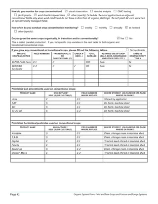 Page 42 Organic System Plans: Field and Row Crops and Pasture and Range Systems
How do you monitor for crop contamination? visual observation residue analysis GMO testing
photographs wind direction/speed data other (specify) Schedule chemical applications on adjacent
conventional ﬁelds only when wind conditions do not blow in direction of organic plantings. Do not plant GE corn varieties
on conventionally managed ﬁelds.
How often do you conduct crop contamination monitoring? weekly monthly annually as needed
other (specify)
Do you grow the same crops organically, in transition and/or conventionally? Yes No
This is called ‘parallel production’. If yes, list speciﬁc crop varieties in the next table for both organic and
transitional/conventional crops.
If you grow any conventional or transitional crops, please ﬁll out the following tables. Not applicable
SPECIFIC
CROPS/VARIETIES
FIELD NUMBERS TRANSITIONAL (T)
OR
CONVENTIONAL (C)
CHECK IF
GMO ()
TOTAL
ACREAGE
PLANNED USE OF CROP
(SALE, SEED, NONORGANIC
LIVESTOCK FEED, ETC.)
SAME AS
ORGANIC CROP?
Y OR N
K6700 Field Corn C-1 C 100 Sale N
KB276RR
Soybeans
C-2 C √ 90 Sale N
Prohibited soil amendments used on conventional crops:
PRODUCT NAME WHO APPLIES?
SELF (S) OR CUSTOM (C)
FIELD NUMBERS
WHERE APPLIED
WHERE STORED? (ON-FARM OR OFF-FARM;
WHERE ON FARM?)
Urea C C-1 Stored by applicator
DAP S C-1 On farm; machine shed
KCl S C-1 On farm; machine shed
10-20-10 S C-2 On farm; machine shed
Prohibited herbicides/pesticides used on conventional crops:
PRODUCT NAME WHO APPLIES?
SELF (S) OR CUSTOM (C)
FIELD NUMBERS
WHERE APPLIED
WHERE STORED? (ON-FARM OR OFF-FARM;
WHERE ON FARM?)
Atrazine S C-1 Chem. storage room in machine shed
2,4-D S C-1 Chem. storage room in machine shed
Captan C C-1 Treated seed stored in machine shed
Poncho C C-1 Treated seed stored in machine shed
Round-up S C-2 Chem. storage room in machine shed
Cruiser-Maxx C C-2 Treated seed stored in machine shed
 