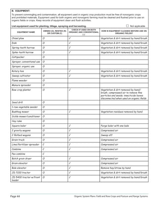 Page 44 Organic System Plans: Field and Row Crops and Pasture and Range Systems
B. EQUIPMENT:
To prevent commingling and contamination, all equipment used in organic crop production must be free of nonorganic crops
and prohibited materials, Equipment used for both organic and nonorganic farming must be cleaned and ﬂushed prior to use on
organic ﬁelds or crops. Keep records of equipment clean and ﬂush activities.
List equipment used for planting, tillage, spraying and harvesting. Not applicable
EQUIPMENT NAME
OWNED (O), RENTED (R)
OR CUSTOM (C)
CHECK IF USED ON BOTH
ORGANIC AND CONVENTIONAL
()
HOW IS EQUIPMENT CLEANED BEFORE USE ON
ORGANIC FIELDS?
Chisel plow O √ Vegetation  dirt removed by hand/brush
Disk O √ Vegetation  dirt removed by hand/brush
Spring-tooth harrow O √ Vegetation  dirt removed by hand/brush
Spike-tooth harrow O √ Vegetation  dirt removed by hand/brush
Cultipacker O
Sprayer, conventional use O
Sprayer, organic use O
Rotary hoe O √ Vegetation  dirt removed by hand/brush
Sweep cultivator O √ Vegetation  dirt removed by hand/brush
Flame weeder O
Manure spreader O
Row-crop planter O √ Vegetation  dirt removed by hand/
brush; compressed air to remove ﬁne
particles and seeds; insecticide boxes
disconnected when used on organic ﬁelds
Seed drill O
1-row vegetable seeder O
Bushhog mower O √ Vegetation residues removed by hand
Sickle mower/conditioner O
Hay rake O
Square baler O √ Purge baler with one bale
2 gravity wagons O √ Compressed air
2 ﬂatbed wagons O √ Sweep off
Grain truck O √ Compressed air
Lime/fertilizer spreader C √ Compressed air
Combine C √ Compressed air
Pea combine C
Batch grain dryer O √ Compressed air
Grain elevator O √ Compressed air
Bale elevator O √ Remove hay/straw by hand
JD 7220 tractor O √ Vegetation  dirt removed by hand/brush
JD 5400 tractor w/front
loader
O √ Vegetation  dirt removed by hand/brush
 