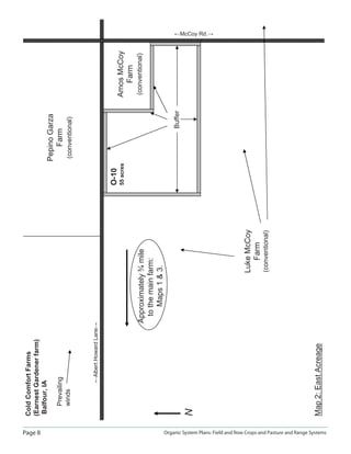 Page 8 Organic System Plans: Field and Row Crops and Pasture and Range Systems
ColdComfortFarms
(EarnestGardenerfarm)
Balfour,IA
ĸAlbertHowardLaneĺ
O-10
55acresAmosMcCoy
Farm
(conventional)
ĸMcCoy Rd.ĺ
Map2:EastAcreage
N
Buffer
Prevailing
winds
Approximately¾mile
tothemainfarm:
Maps13.
LukeMcCoy
Farm
(conventional)
PepinoGarza
Farm
(conventional)
 
