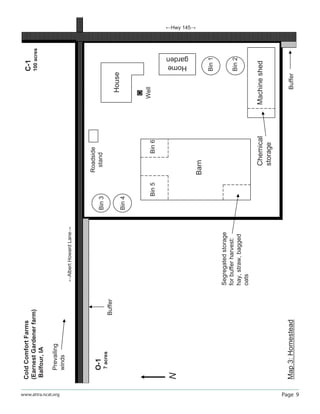 Page 9www.attra.ncat.org
ColdComfortFarms
(EarnestGardenerfarm)
Balfour,IA
N
Prevailing
winds
ĸAlbertHowardLaneĺ
ĸHwy 145ĺ
Map3:Homestead
C-1
100acres
O-1
7acres
House
Bin3
Barn
Machineshed
Bin2
Bin1
Home
garden
Roadside
stand
ž
Well
Buffer
Buffer
Chemical
storage
Bin4
Bin5
Segregatedstorage
forbufferharvest:
hay,straw,bagged
oats
Bin6
 