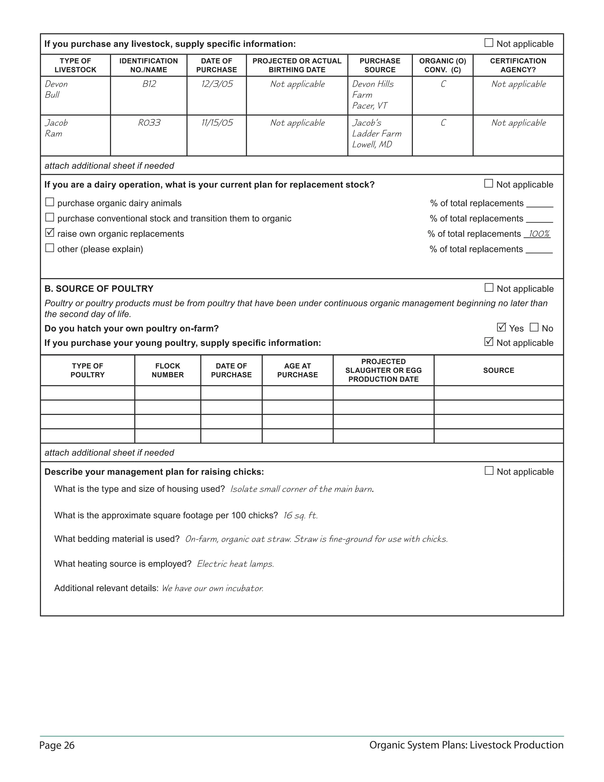 Page 26 Organic System Plans: Livestock Production
If you purchase any livestock, supply speciﬁc information:  Not applicable
TYPE OF
LIVESTOCK
IDENTIFICATION
NO./NAME
DATE OF
PURCHASE
PROJECTED OR ACTUAL
BIRTHING DATE
PURCHASE
SOURCE
ORGANIC (O)
CONV. (C)
CERTIFICATION
AGENCY?
Devon
Bull
B12 12/3/05 Not applicable Devon Hills
Farm
Pacer, VT
C Not applicable
Jacob
Ram
R033 11/15/05 Not applicable Jacob’s
Ladder Farm
Lowell, MD
C Not applicable
attach additional sheet if needed
If you are a dairy operation, what is your current plan for replacement stock?  Not applicable
 purchase organic dairy animals % of total replacements
 purchase conventional stock and transition them to organic % of total replacements
 raise own organic replacements % of total replacements
 other (please explain) % of total replacements
B. SOURCE OF POULTRY  Not applicable
Poultry or poultry products must be from poultry that have been under continuous organic management beginning no later than
the second day of life.
Do you hatch your own poultry on-farm?  Yes  No
If you purchase your young poultry, supply speciﬁc information:  Not applicable
TYPE OF
POULTRY
FLOCK
NUMBER
DATE OF
PURCHASE
AGE AT
PURCHASE
PROJECTED
SLAUGHTER OR EGG
PRODUCTION DATE
SOURCE
attach additional sheet if needed
Describe your management plan for raising chicks:  Not applicable
What is the type and size of housing used? Isolate small corner of the main barn.
What is the approximate square footage per 100 chicks? 16 sq. ft.
What bedding material is used? On-farm, organic oat straw. Straw is ﬁne-ground for use with chicks.
What heating source is employed? Electric heat lamps.
Additional relevant details: We have our own incubator.
100%
 