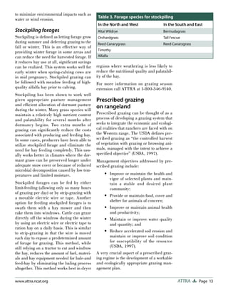 Page 13ATTRAwww.attra.ncat.org
to minimize environmental impacts such as
water or wind erosion.
Stockpiling forages
Stockpiling is deﬁned as letting forage grow
during summer and deferring grazing to the
fall or winter. This is an effective way of
providing winter forage in some areas and
can reduce the need for harvested forage. If
it reduces hay use at all, signiﬁcant savings
can be realized. This system works well for
early winter when spring-calving cows are
in mid pregnancy. Stockpiled grazing can
be followed with meadow feeding of high-
quality alfalfa hay prior to calving.
Stockpiling has been shown to work well
given appropriate pasture management
and efﬁcient allocation of dormant pasture
during the winter. Many grass species will
maintain a relatively high nutrient content
and palatability for several months after
dormancy begins. Two extra months of
grazing can signiﬁcantly reduce the costs
associated with producing and feeding hay.
In some cases, producers have been able to
utilize stockpiled forage and eliminate the
need for hay feeding completely. This usu-
ally works better in climates where the dor-
mant grass can be preserved longer under
adequate snow cover or because of reduced
microbial decomposition caused by low tem-
peratures and limited moisture.
Stockpiled forages can be fed by either
limit-feeding (allowing only so many hours
of grazing per day) or by strip-grazing with
a movable electric wire or tape. Another
option for feeding stockpiled forages is to
swath them with a hay mower and then
rake them into windrows. Cattle can graze
directly off the windrow during the winter
by using an electric wire or electric tape to
ration hay on a daily basis. This is similar
to strip-grazing in that the wire is moved
each day to expose a predetermined amount
of forage for grazing. This method, while
still relying on a tractor to cut and windrow
the hay, reduces the amount of fuel, materi-
als and hay equipment needed for bale-and
feed-hay by eliminating the baling process
altogether. This method works best in dryer
regions where weathering is less likely to
reduce the nutritional quality and palatabil-
ity of the hay.
For more information on grazing season
extension call ATTRA at 1-800-346-9140.
Prescribed grazing
on rangeland
Prescribed grazing can be thought of as a
process of developing a grazing system that
seeks to integrate the economic and ecologi-
cal realities that ranchers are faced with on
the Western range. The USDA deﬁnes pre-
scribed grazing as “the controlled harvest
of vegetation with grazing or browsing ani-
mals, managed with the intent to achieve a
speciﬁed objective” (USDA, 1997).
Management objectives addressed by pre-
scribed grazing include:
Improve or maintain the health and
vigor of selected plants and main-
tain a stable and desired plant
community;
Provide or maintain food, cover and
shelter for animals of concern;
Improve or maintain animal health
and productivity;
Maintain or improve water quality
and quantity; and
Reduce accelerated soil erosion and
maintain or improve soil condition
for susceptibility of the resource
(USDA, 1997).
A very crucial aspect of a prescribed graz-
ing regime is the development of a workable
and ecologically appropriate grazing man-
agement plan.
•
•
•
•
•
Table 3. Forage species for stockpiling
In the North and West In the South and East
Altai Wildrye Bermudagrass
Orchardgrass Tall Fescue
Reed Canarygrass Reed Canarygrass
Timothy
Alfalfa
 