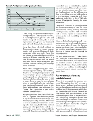 Page 8 ATTRA Pasture, Rangeland, and Grazing Management
Cattle, sheep and goats evolved eating dif-
ferent plant types. Cattle typically consume,
in order of preference, grasses, forbs and
shrubs. Sheep will consume, also in order
of preference, forbs, grasses and shrubs and
goats will seek shrubs, forbs and grasses.
Sheep have been effectively utilized on
Western native ranges to control invasive
species such as spotted knapweed, leafy
spurge and yellow starthistle. Cattle that
are grazing in conventional rotations often
remain on Western ranges for weeks at a
time during the summer and are moved
when a set stubble height of key grass spe-
cies like bluebunch wheatgrass or rough
fescue is attained.
When cattle, being primarily grass eaters,
remain in a pasture for long periods of time,
they tend to exhibit grazing selectivity and
choose vegetative grasses and young forbs
over knapweed and other noxious weeds.
Ranchers who have allowed a band of 800
or more sheep to graze for several days
before or immediately after the cattle have
seen signiﬁcant knapweed usage by the
sheep, with moderate grass utilization. See
Figure 1 for a comparison of plant prefer-
ences for grazing livestock.
Applying pressure with diversified live-
stock to knapweed, other forbs and grasses
in equal amounts will increase range bio-
diversity signiﬁcantly over time. Sheep can
be used as an alternative enterprise by tak-
ing value from wool, lambs or by contract
grazing on other parcels to control nox-
ious weeds. Goats have a similar utility in
areas with shrub infestation and have been
successfully used to control kudzu, English
ivy, scotchbroom, Chinese tallowtree, juni-
per and mesquite in many parts of the coun-
try. Small ruminants can also add value to a
farm by providing meat and milk products
to growing ethnic groups that seek these
traditional foods. Refer to the ATTRA pub-
lication Multispecies Grazing for more
information.
Using small ruminants on cattle operations
will necessitate a change in farm and ranch
infrastructure. Fencing, lambing sheds and
secure paddocks in areas with predators
such as wolves, coyotes or bears are often
necessary, but costs can add up and drain
proﬁtability.
Other methods of maintaining small rumi-
nants on ranches include employing a com-
petent herder who will ensure the sheep or
goats graze the necessary places and plac-
ing guardian animals such as guard dogs,
donkeys or llamas with the livestock for
predator control.
For more information see ATTRA’s Preda-
tor Control for Sustainable and Organic
Livestock Production. Small ruminants
are excellent additions to diversiﬁed farms
and ranches because they have the ability
to remove weed problems by shifting plant
succession towards a more complex, bal-
anced stage.
Pasture renovation and
establishment
When is it appropriate to renovate pas-
tures? Renovation often isn’t necessary.
Many farmers and ranchers have noticed
increased productivity and decreased weed
problems merely by working out a high-den-
sity rotational grazing system. Pastures are
very resilient and, when maintained in the
vegetative stage for most of the grazing sea-
son, ecologically appropriate grasses and
forbs often begin to dominate where weeds
and other unpalatable plants once prolifer-
ated. This happens due to the ecological
principle called succession.
Nature tends toward the stability that comes
with species complexity. Complex systems
80
70
60
50
40
30
20
10
0
grass forbs shrubs
cattle
sheep
goats
Figure 1. Plant preferences for grazing livestock
percentintake
 