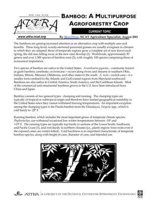 IS A PROJECT OF THE NATIONAL CENTER FOR APPROPRIATE TECHNOLOGY
www.attra.ncat.org
The bamboos are gaining increased attention as an alternative crop with multiple uses and
benefits. These long-lived, woody-stemmed perennial grasses are usually evergreen in climates
to which they are adapted; those of temperate regions grow a complete set of new leaves each
spring, the old ones falling away as the new ones develop (1). Worldwide, approximately 87
genera and over 1,500 species of bamboo exist (2), with roughly 100 species comprising those of
economical importance.
Two species of bamboo are native to the United States. Arundinaria gigantea—commonly known
as giant bamboo, canebrake, or rivercane—occurs along rivers and streams in southern Ohio,
Indiana, Illinois, Missouri, Oklahoma, and other states to the south. A. tecta—switch cane—is a
smaller form confined to the Atlantic and Gulf coastal regions from Maryland southward.
Bamboos are also native to Central America, South America, and the Caribbean Islands. Most
of the commercial and ornamental bamboos grown in the U.S. have been introduced from
China and Japan.
Bamboo consists of two general types: clumping and running. The clumping types are
typically of tropical or subtropical origin and therefore have limited geographical suitability in
the United States since they cannot withstand freezing temperatures. An important exception
among the clumping types is the Panda bamboo from the Himalayas, Fargesia spp., which is
cold hardy to -25° F.
Running bamboo, which includes the most important genus of temperate climate species,
Phyllostachys, can withstand occasional low winter temperatures between -10° and
+15° F. The running types are typically top-hardy in sections of the Lower South, Southwest,
and Pacific Coast (1), and root-hardy in northern climates (i.e., plants regrow from roots even if
the exposed canes are winter-killed). Cold hardiness is an important characteristic of temperate
bamboo species, along with height of cane, diameter of cane, and intended use.
8 0 0 - 3 4 6 - 9 1 4 0
Appropriate Technology Transfer for Rural Areas
BAMBOO: A MULTIPURPOSE
AGROFORESTRY CROP
By Steve Diver, NCAT Agriculture Specialist, August 2001
CURRENT TOPIC
 