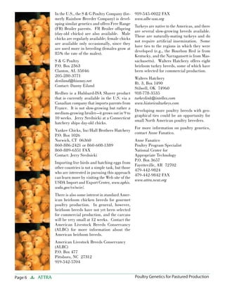 Page 6 ATTRA Poultry Genetics for Pastured Production
In the U.S., the S & G Poultry Company (for-
merly Rainbow Breeder Company) is devel-
oping similar genetics and offers Free Range
(FR) Broiler parents. FR Broiler offspring
(day-old chicks) are also available. Male
chicks are regularly available; female chicks
are available only occasionally, since they
are used more in breeding (females grow at
85% the rate of the males).
S & G Poultry
P.O. Box 2363
Clanton, AL 35046
205-280-3771
dceiland@hiwaay.net
Contact: Danny Eiland
Redbro is a Hubbard-ISA Shaver product
that is currently available in the U.S. via a
Canadian company that imports parents from
France. It is not slow-growing but rather a
medium-growing broiler—it grows out in 9 to
10 weeks. Jerry Srednicki at a Connecticut
hatchery ships day-old chicks.
Yankee Chicks, Inc/Hall Brothers Hatchery
P.O. Box 1026
Norwich, CT 06360
860-886-2421 or 860-608-1389
860-889-6351 FAX
Contact: Jerry Srednicki
Importing live birds and hatching eggs from
other countries is not a simple task, but those
who are interested in pursuing this approach
can learn more by visiting the Web site of the
USDA Import and Export Center, www.aphis.
usda.gov/vs/ncie/.
There is also some interest in standard Amer-
ican heirloom chicken breeds for gourmet
poultry production. In general, however,
heirloom breeds have not yet been selected
for commercial production, and the carcass
will be very small at 12 weeks. Contact the
American Livestock Breeds Conservancy
(ALBC) for more information about the
American heirloom breeds.
American Livestock Breeds Conservancy
(ALBC)
P.O. Box 477
Pittsboro, NC 27312
919-542-5704
919-545-0022 FAX
www.albc-usa.org
Turkeys are native to the Americas, and there
are several slow-growing breeds available.
These are naturally-mating turkeys and do
not require artiﬁcial insemination. Some
have ties to the regions in which they were
developed (e.g., the Bourbon Red is from
Kentucky, and the Narragansett is from Mas-
sachusetts). Walters Hatchery offers eight
heirloom turkey breeds, some of which have
been selected for commercial production.
Walters Hatchery
Rt. 3, Box 1490
Stilwell, OK 74960
918-778-3535
turkeylink@intellex.com
www.historicalturkeys.com
Developing more poultry breeds with geo-
graphical ties could be an opportunity for
small North American poultry breeders.
For more information on poultry genetics,
contact Anne Fanatico.
Anne Fanatico
Poultry Program Specialist
National Center for
Appropriate Technology
P.O. Box 3657
Fayetteville, AR 72702
479-442-9824
479-442-9842 FAX
www.attra.ncat.org
 