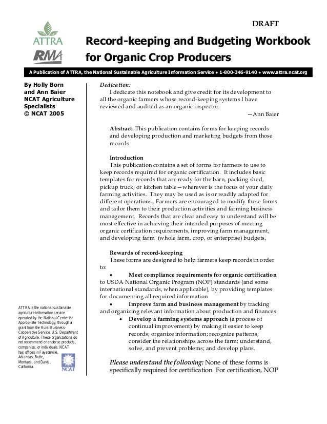 record keeping and budgeting workbook for organic crop producers