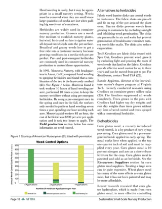 Page 10 ATTRA Sustainable Small-Scale Nursery Production
Hand weeding is costly, but it may be appro-
priate in a small nursery setting. Weeds
must be removed when they are small since
large quantities of media are lost when pull-
ing big weeds out of containers.
Herbicides are widely used in container
nursery production. Growers use a weed-
free medium to establish nursery plants,
but wind, birds and surface irrigation water
all deposit weed seeds onto the pot surface.
Broadleaf and grassy weeds love to get a
free ride into a container nursery because
growing conditions in a media-rich pot are
perfect. Pre- and post-emergent herbicides
are commonly used in commercial nursery
production to control these opportunists.
In 1991, Monrovia Nursery, with headquar-
ters in Azusa, Calif., compared hand weeding
to spraying herbicides and found that a com-
bination of the two is the least-costly method
(21). See Figure 1 below. Monrovia found it
took workers 10 hours of hand weeding per
acre, performed 10 times a year, to keep the
nursery weed-free without using pre-emergent
herbicides. By using a pre-emergent once in
the spring and once in the fall, the workers
only needed to perform hand weeding seven
times a year, spending one hour weeding each
acre. Monrovia paid workers $8 an hour, the
cost of herbicide was $200 per acre per appli-
cation and it took two hours to apply. The
Field production section below has more
information on weed control.
Alternatives to herbicides
Fabric weed barrier disks can control weeds
in containers. The fabric disks are pre-slit
and fit on top of the pot around the plant
stem. Barrier disks prevent weeds from
growing in containers by excluding sunlight
and inhibiting weed germination. The disks
are permeable to air and water but prevent
germination of troublesome container nurs-
ery weeds like oxalis. The disks also reduce
evaporation.
Tex-R Geodiscs are fabric disks treated with
Spin Out. Geodiscs prevent weed growth
by excluding light and pruning the roots of
weed seeds that land on the fabric. Geodiscs
provide effective weed control for up to three
years and can be moved from pot to pot. For
distributors, contact Texel USA (22).
Bonnie Appleton, director of the horticul-
ture master’s degree program at Virginia
Tech, recently conducted research using
Geodiscs on container-grown willow oaks
(23). The Geodiscs suppressed all weeds
completely. Trees grown in the pots with
Geodiscs had higher top dry weights and
root dry weights than trees grown without
any form of weed control and trees sprayed
with a conventional herbicide.
Bioherbicides
Corn gluten meal, a recently introduced
weed control, is a by-product of corn syrup
processing. Corn gluten meal is a pre-emer-
gent herbicide applied in early spring. The
meal works best when applied to the top
one-quarter inch of soil and must be reap-
plied every year. Corn gluten meal is 10
percent nitrogen and acts as a slow-release
fertilizer for the crop. Corn gluten meal is
patented and sold as an herbicide. See the
Resources: Suppliers section for corn
gluten meal suppliers. Treating a large area
can be quite expensive. Wheat gluten meal
has many of the same effects as corn gluten
meal, but it has not been patented and may
be more affordable.
Recent research revealed that corn glu-
ten hydrosylate, which is made from corn
gluten meal, is more effective controlling
900
800
700
600
500
400
300
200
100
0
0 Applications 2 Applications 4 Applications
Herbicide Cost Herbicide Application Labor Cost Hand-Weeding Cost
Number of Herbicide Applications per Year
Weed-Control Options
Annual
Weed-Control
Cost
Per
Acre
(in
dollars)
Figure 1. Courtesy of American Nurseryman (21). Used with permission.
 