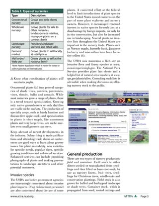 Page 3
ATTRA
www.attra.ncat.org
3) Know what combination of plants will
maximize profits.
Ornamental plants fall into general catego-
ries of shade trees, conifers, perennials,
vines, shrubs, bulbs and annuals. While
most nurseries grow a range of plants, there
is a trend toward specialization. Growing
only native groundcovers or only daylilies
are viable niche markets. The production of
specialty crops, such as hardy bamboo and
disease-free apple stock, and specialization
in plants in short supply, like uncommon
plants and very large trees, are niche mar-
kets even small growers can serve.
Keep abreast of recent developments in
the industry. Subscribing to trade publica-
tions and attending trade shows or confer-
ences are good ways to learn about grower
issues like plant availability, new varieties
for specific needs, popular sizes, specific
growing conditions and enhanced services.
Enhanced services can include providing
photographs of plants and making presen-
tations to landscape architects and other
potential customers.
Invasive species
The USDA and other government agencies
are increasingly concerned about invasive
plant imports. Drug enforcement personnel
are also concerned about the use of some
plants. A concerted effort at the federal
level to limit introductions of plant species
to the United States raised concerns on the
part of some plant explorers and nursery
owners. However, it encouraged renewed
interest in native species formerly put at a
disadvantage by foreign imports, not only for
in situ conservation, but also for increased
use in landscaping. Several plants on inva-
sive lists throughout the United States are
important to the nursery trade. Plants such
as Norway maple, butterfly bush, Japanese
barberry and miscanthus have been lucra-
tive sellers (4).
The USDA now maintains a Web site on
invasive flora and fauna species at www.
invasivespeciesinfo.gov. The National Park
Service provides plant fact sheets and a
helpful list of natural area invaders at www.
nps.gov/plants/alien. Consulting such lists is
advisable when making decisions on offer-
ing nursery stock to the public.
General production
There are two types of nursery production:
field and container. Field stock is either
direct-seeded or transplanted from seed-
lings and then lifted as bare-root stock for
use as nursery liners, fruit trees, seed-
lings for Christmas trees, windbreaks and
conservation plantings. Field stock is also
grown for balled and burlapped landscape
or shade trees. Container stock, which is
propagated from seed, rooted cuttings and
Table 1. Types of nurseries
Type Description
Grower/retail
nursery
Grows and sells plants
on-site
Wholesale
nursery
Grows plants for sale to
other nurseries,
landscapers or retailers,
may grow plants on a
contract basis
Landscape
nursery
Provides landscape
services and retail sales
Farmers’
market
Grows plants to sell locally
at retail prices
Mail order/
Web site
Grows plants to sell at the
national level*
*Note: Recent legislation made it easier for states to
collect sales tax on Internet sales.
 