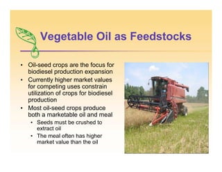 Vegetable Oil as Feedstocks
• Oil-seed crops are the focus for
biodiesel production expansion
• Currently higher market values
for competing uses constrain
utilization of crops for biodiesel
production
• Most oil-seed crops produce
both a marketable oil and meal
• Seeds must be crushed to
extract oil
• The meal often has higher
market value than the oil
 