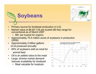 Soybeans
• Primary source for biodiesel production in U.S.
• Market value at $6.64-7.05 per bushel (60 lbs) range for
conventional as of March 2007
• $9+ per bushel for organic
• Approximately 75.5 million acres of soybeans in production
(2006)
• Approximately 2 billion gallons
of oil produced annually
• 85% of soybeans sold as meal for
animal feed
• Oil is an added value to the meal
• Large, diverse market demand
reduces availability for biodiesel
• Meal valuable for livestock
 