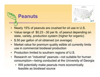 Peanuts
• Nearly 15% of peanuts are crushed for oil use in U.S.
• Value range of $0.23 -.30 per lb. of peanut depending on
state, variety, production system (higher for organic)
• $.50 per gallon of oil obtained (on average)
• Market value for premium quality edible oil currently limits
use in commercial biodiesel production
• Production limited to southern regions of U.S.
• Research on “industrial” peanuts—not suitable for human
consumption—being conducted at the University of Georgia
• Will potentially make peanuts more economically
feasible as biodiesel source
 