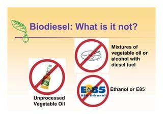 Biodiesel: What is it not?
Ethanol or E85
Unprocessed
Vegetable Oil
Mixtures of
vegetable oil or
alcohol with
diesel fuel
 