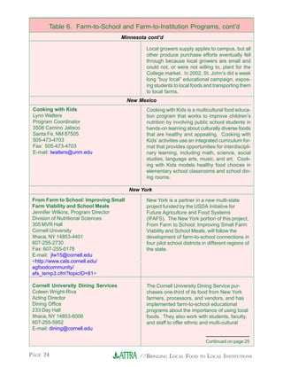 //BRINGING LOCAL FOOD TO LOCAL INSTITUTIONSPAGE 24
Table 6. Farm-to-School and Farm-to-Institution Programs, cont’d
Minnesota cont’d
Cooking with Kids
Lynn Walters
Program Coordinator
3508 Camino Jalisco
Santa Fe, NM 87505
505-473-4703
Fax: 505-473-4703
E-mail: lwalters@unm.edu
Local growers supply apples to campus, but all
other produce purchase efforts eventually fell
through because local growers are small and
could not, or were not willing to, plant for the
College market. In 2002, St. John’s did a week
long “buy local” educational campaign, expos-
ing students to local foods and transporting them
to local farms.
Cooking with Kids is a multicultural food educa-
tion program that works to improve children’s
nutrition by involving public school students in
hands-on learning about culturally diverse foods
that are healthy and appealing. Cooking with
Kids’ activities use an integrated curriculum for-
mat that provides opportunities for interdiscipli-
nary learning, including math, science, social
studies, language arts, music, and art. Cook-
ing with Kids models healthy food choices in
elementary school classrooms and school din-
ing rooms.
New York
From Farm to School: Improving Small
Farm Viability and School Meals
Jennifer Wilkins, Program Director
Division of Nutritional Sciences
305 MVR Hall
Cornell University
Ithaca, NY 14853-4401
607-255-2730
Fax: 607-255-0178
E-mail: jlw15@cornell.edu
<http://www.cals.cornell.edu/
agfoodcommunity/
afs_temp3.cfm?topicID=81>
Cornell University Dining Services
Coleen Wright-Riva
Acting Director
Dining Office
233 Day Hall
Ithaca, NY 14853-6006
607-255-5952
E-mail: dining@cornell.edu
New York is a partner in a new multi-state
project funded by the USDA Initiative for
Future Agriculture and Food Systems
(IFAFS). The New York portion of this project,
From Farm to School: Improving Small Farm
Viability and School Meals, will follow the
development of farm-to-school connections in
four pilot school districts in different regions of
the state.
The Cornell University Dining Service pur-
chases one-third of its food from New York
farmers, processors, and vendors, and has
implemented farm-to-school educational
programs about the importance of using local
foods. They also work with students, faculty,
and staff to offer ethnic and multi-cultural
Continued on page 25
New Mexico
 