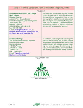 //BRINGING LOCAL FOOD TO LOCAL INSTITUTIONSPAGE 28
Table 6. Farm-to-School and Farm-to-Institution Programs, cont’d
Wisconsin
University of Wisconsin, The College
Food Project
Margaret Monahan
Assistant Food Service Director
Center for Integrated Agricultural Systems
1450 Linden Drive
Madison, WI 53706
608-262-5200 or 608-262-9619
Fax: 608-265-3020
E-mail: phaza@facstaff.wisc.edu, or
margaret.monahan@mail.housing.wisc.edu,
http://www.wisc.edu/cias/index.html
Northland College
Tom Wojciechowski, Adjunct Instructor
Environmental Studies
Northland College
1411 Ellis Avenue
Ashland, WI 54806
715-682-1261
Fax: 715-682-1690
E-mail: TWojo@northland.edu
http://www.northland.edu
Six campuses in Wisconsin buy food for their
dining services directly from local Wisconsin
farms and farmer cooperatives. Four of them
are buying from local farms and cooperatives
that use organic and sustainable farming prac-
tices. The UW-Madison’s Center for Integrated
Agricultural Systems is helping to connect
farmers with campus dining services.
In addition to purchasing locally grown organic
produce for the dining hall, current campus
sustainability efforts include switching to more
environmentally safe cleaning supplies, install-
ing and using energy-and water-saving de-
vices, increased recycling and reuse efforts,
and working with renewable energy sources.
Copyright©2003 NCATCopyright©2003 NCAT
Copyright©2003 NCAT
National Sustainable Agriculture Information Service
www.attra.ncat.org
 