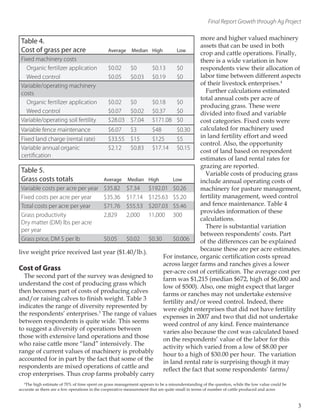 Final Report Growth through Ag Project
live weight price received last year ($1.40/lb.).
Cost of Grass
The second part of the survey was designed to
understand the cost of producing grass which
then becomes part of costs of producing calves
and/or raising calves to finish weight. Table 3
indicates the range of diversity represented by
the respondents’ enterprises.3
The range of values
between respondents is quite wide. This seems
to suggest a diversity of operations between
those with extensive land operations and those
who raise cattle more “land” intensively. The
range of current values of machinery is probably
accounted for in part by the fact that some of the
respondents are mixed operations of cattle and
crop enterprises. Thus crop farms probably carry
more and higher valued machinery
assets that can be used in both
crop and cattle operations. Finally,
there is a wide variation in how
respondents view their allocation of
labor time between different aspects
of their livestock enterprises.4
Further calculations estimated
total annual costs per acre of
producing grass. These were
divided into fixed and variable
cost categories. Fixed costs were
calculated for machinery used
in land fertility effort and weed
control. Also, the opportunity
cost of land based on respondent
estimates of land rental rates for
grazing are reported.
Variable costs of producing grass
include annual operating costs of
machinery for pasture management,
fertility management, weed control
and fence maintenance. Table 4
provides information of these
calculations.
There is substantial variation
between respondents’ costs. Part
of the differences can be explained
because these are per acre estimates.
For instance, organic certification costs spread
across larger farms and ranches gives a lower
per-acre cost of certification. The average cost per
farm was $1,215 (median $672, high of $6,000 and
low of $500). Also, one might expect that larger
farms or ranches may not undertake extensive
fertility and/or weed control. Indeed, there
were eight enterprises that did not have fertility
expenses in 2007 and two that did not undertake
weed control of any kind. Fence maintenance
varies also because the cost was calculated based
on the respondents’ value of the labor for this
activity which varied from a low of $8.00 per
hour to a high of $30.00 per hour. The variation
in land rental rate is surprising though it may
reflect the fact that some respondents’ farms/
Table 4.
Cost of grass per acre Average Median High Low
Fixed machinery costs
Organic fertilizer application $0.02 $0 $0.13 $0
Weed control $0.05 $0.03 $0.19 $0
Variable/operating machinery
costs
Organic fertilizer application $0.02 $0 $0.18 $0
Weed control $0.07 $0.02 $0.37 $0
Variable/operating soil fertility $28.03 $7.04 $171.08 $0
Variable fence maintenance $6.07 $3 $48 $0.30
Fixed land charge (rental rate) $33.55 $15 $125 $5
Variable annual organic
certification
$2.12 $0.83 $17.14 $0.15
4
The high estimate of 70% of time spent on grass management appears to be a misunderstanding of the question, while the low value could be
accurate as there are a few operations in the cooperative measurement that are quite small in terms of number of cattle produced and acres
Table 5.
Grass costs totals Average Median High Low
Variable costs per acre per year $35.82 $7.34 $192.01 $0.26
Fixed costs per acre per year $35.36 $17.14 $125.63 $5.20
Total costs per acre per year $71.76 $55.53 $207.03 $5.46
Grass productivity
Dry matter (DM) lbs per acre
per year
2,829 2,000 11,000 300
Grass price, DM $ per lb $0.05 $0.02 $0.30 $0.006
3
 