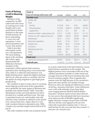 Final Report Growth through Ag Project
Costs of Raising
a Calf to Weaning
Weight
Members of the
cooperative in 2007
raised and sold calves
at weaning (cow-calf),
bought calves and
raised them to finish
(feeders) or did some
of both (mixed). Of
those responding,
11 were cow-calf
operations, 5 were
mixed operations and
2 were only feeders.
Table 6 provides
information on the
cow-calf operations.
The most striking
figure is the stocking
rate which, again,
demonstrates the
differences between
members of the
cooperative which operate land extensive
operations (low stocking rates) versus those that
raise cattle in a relatively land intensive way
(high stocking rates). Again the highest stocking
rate (4 cow units per acre) is a member who has
the option of using irrigation to gain high grass
productivity.
The variation in days to raise calves to weaning
seems high given that most of the respondents
are in generally the same region of Montana and
perhaps raise similar breeds. Table 7 provides
information on the cost of production of calves
divided in to variable and fixed costs. The data
is presented in per cow unit (mother and calf)
and thus some variation is related to costs spread
over various herd sizes. Again, there is a very
wide variation between respondent costs. With
a break even cost that ranges from $ 0.60 to $1.83
per lb.
The wide variation on the cost of pasture seems
to, in part, relate back to the land intensive versus
land extensive operations in the sample. The
highest pasture cost is associated with one of the
smallest operations (number of cattle raised and
acreage) and one of the lowest stocking rates and
lowest weaning weights. Thus it appears that
pasture costs are high because of low productive
grass and costs spread over limited acreage.
However, there are significant differences in costs
of fed hay, insurance and labor. Labor differences
were wide with estimates of per hour labor
costs ranging between $6.00 to $18.00 dollars.
Insurance variation seems to have been skewed
by one survey that estimated total farm insurance
to be almost a total of $24,000, significantly
higher than the average cost per farm of $2,369.
The low fed hay costs appears to be an error
where the respondent claimed only 1.1 tons of
total fed hay for the year and may have meant 1.1
tons per cow unit per year.
Table 8.
Cost of rasing calves per calf Average Median High Low
Variable costs
Feeder calf $863.70 $863.70 $1,171.64 $593.77
Feed
Fed hay $153.99 $144 $270 $28.69
Pasture/grazing $176.87 $208.14 $249.89 $73.18
Supplements $22.13 $12 $90 $0
Interest on feeds - opportunity cost $15.21 $13.03 $25.21 $11.16
Interest on calf - opportunity cost $38.60 $39.16 $64.87 $38.04
Veterinarian $6.19 $1.39 $42.86 $0
Machinery operation $6.33 $1.39 $35.71 $0
Property tax $25.65 $6.61 $134.45 $0
Insurance $6.46 $1.59 $35.71 $0
Marketing and misc. $3.66 $0.27 $21.43 $0
Other $5.34 $0 $35.71 $0
Labor $183.49 $85.95 $642.86 $4.99
Fixed costs
Machinery and equipment $64.65 $25.45 $285.71 $1.09
Total all costs $1,549.45 $1,372.49 $2,934.65 $992.20
5
 
