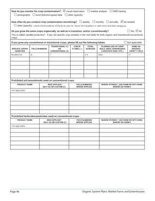 Page 46 Organic System Plans: Market Farms and Greenhouses
How do you monitor for crop contamination? visual observation residue analysis GMO testing
photographs wind direction/speed data other (specify)
How often do you conduct crop contamination monitoring? weekly monthly annually as needed
other (specify) I check the boundaries of fields as soon as I know the neighbors or road crews have been spraying.I check the boundaries of fields as soon as I know the neighbors or road crews have been spraying.
Do you grow the same crops organically, as well as in transition, and/or conventionally? Yes No
This is called ‘parallel production’. If yes, list speciﬁc crop varieties in the next table for both organic and transitional/conventional
crops.
If you grow any conventional or transitional crops, please ﬁll out the following tables. Not applicable
SPECIFIC CROPS/
VARIETIES
FIELD NUMBERS
TRANSITIONAL (T)
OR
CONVENTIONAL (C)
CHECK
IF GMO ()
TOTAL
ACREAGE
PLANNED USE OF CROP
(SALE, SEED, NONORGANIC
LIVESTOCK FEED, ETC.)
SAME AS
ORGANIC
CROP? Y OR N
BlueberriesBlueberries Q T 3 a3 a SaleSale NN
Prohibited soil amendments used on conventional crops:
PRODUCT NAME WHO APPLIES?
SELF (S) OR CUSTOM (C)
FIELD NUMBERS
WHERE APPLIED
WHERE STORED? (ON-FARM OR OFF-FARM;
WHERE ON FARM?)
Not applicable.Not applicable.
Prohibited herbicides/pesticides used on conventional crops:
PRODUCT NAME WHO APPLIES?
SELF (S) OR CUSTOM (C)
FIELD NUMBERS
WHERE APPLIED
WHERE STORED? (ON-FARM OR OFF-FARM;
WHERE ON FARM?)
Not applicable.Not applicable.
 
