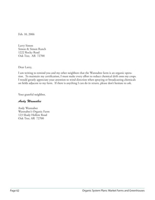 Page 62 Organic System Plans: Market Farms and Greenhouses
Feb. 10, 2006
Larry Simon
Simon  Simon Ranch
1222 Rocky Road
Oak Tree, AR 72700
Dear Larry,
I am writing to remind you and my other neighbors that the Wannabee farm is an organic opera-
tion. To maintain my certiﬁcation, I must make every eﬀort to reduce chemical drift onto my crops.
I would greatly appreciate your attention to wind direction when spraying or broadcasting chemicals
on ﬁelds adjacent to my farm. If there is anything I can do in return, please don’t hesitate to ask.
Your grateful neighbor,
Andy Wannabee
Andy Wannabee
Wannabee’s Organic Farm
123 Shady Hollow Road
Oak Tree, AR 72700
 