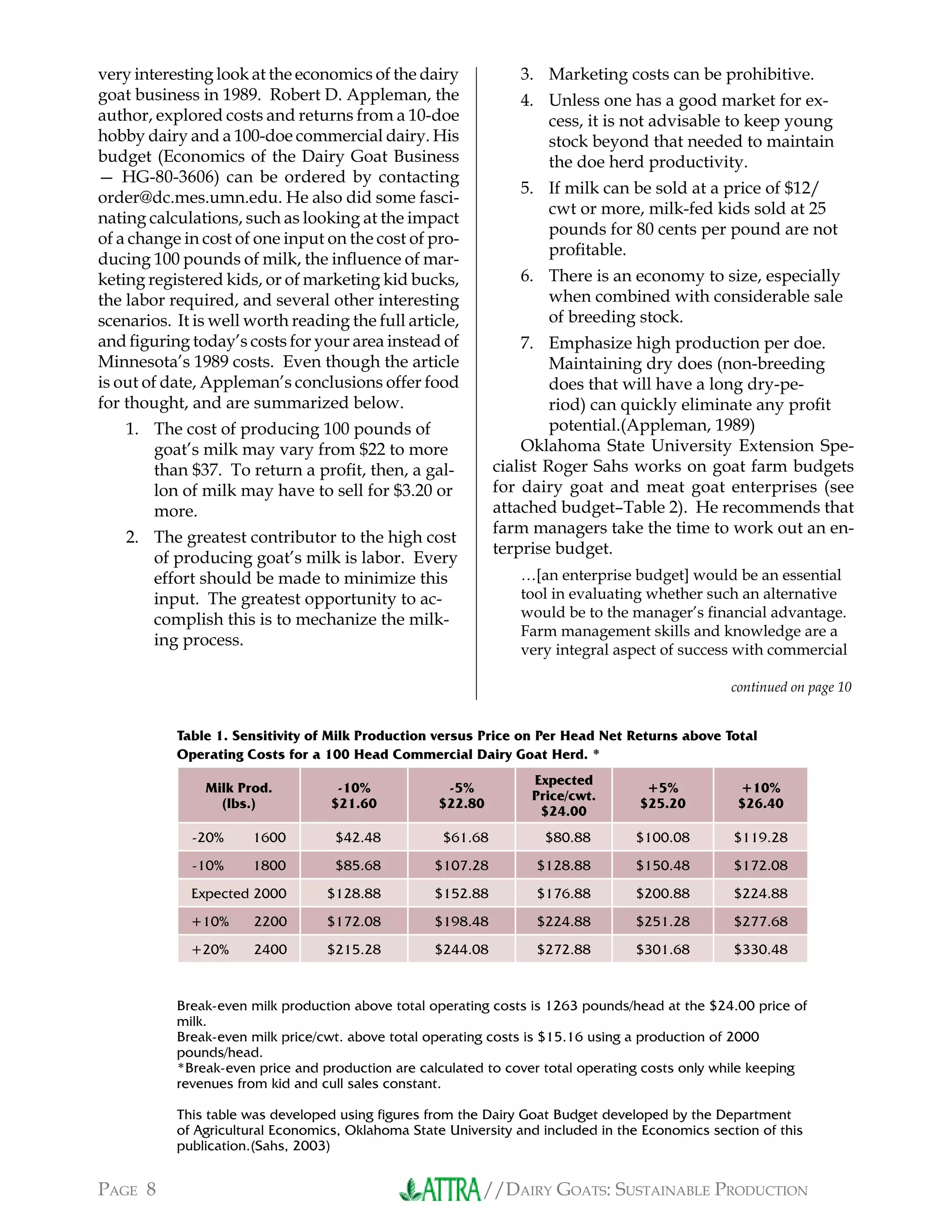 //DAIRY GOATS: SUSTAINABLE PRODUCTIONPAGE 8
very interesting look at the economics of the dairy
goat business in 1989. Robert D. Appleman, the
author, explored costs and returns from a 10-doe
hobby dairy and a 100-doe commercial dairy. His
budget (Economics of the Dairy Goat Business
— HG-80-3606) can be ordered by contacting
order@dc.mes.umn.edu. He also did some fasci-
nating calculations, such as looking at the impact
of a change in cost of one input on the cost of pro-
ducing 100 pounds of milk, the inﬂuence of mar-
keting registered kids, or of marketing kid bucks,
the labor required, and several other interesting
scenarios. It is well worth reading the full article,
and ﬁguring today’s costs for your area instead of
Minnesota’s 1989 costs. Even though the article
is out of date, Appleman’s conclusions offer food
for thought, and are summarized below.
The cost of producing 100 pounds of
goat’s milk may vary from $22 to more
than $37. To return a proﬁt, then, a gal-
lon of milk may have to sell for $3.20 or
more.
The greatest contributor to the high cost
of producing goat’s milk is labor. Every
effort should be made to minimize this
input. The greatest opportunity to ac-
complish this is to mechanize the milk-
ing process.
1.
2.
Table 1. Sensitivity of Milk Production versus Price on Per Head Net Returns above Total
Operating Costs for a 100 Head Commercial Dairy Goat Herd. *
Milk Prod.
(lbs.)
-10%
$21.60
-5%
$22.80
Expected
Price/cwt.
$24.00
+5%
$25.20
+10%
$26.40
-20% 1600 $42.48 $61.68 $80.88 $100.08 $119.28
-10% 1800 $85.68 $107.28 $128.88 $150.48 $172.08
Expected 2000 $128.88 $152.88 $176.88 $200.88 $224.88
+10% 2200 $172.08 $198.48 $224.88 $251.28 $277.68
+20% 2400 $215.28 $244.08 $272.88 $301.68 $330.48
Break-even milk production above total operating costs is 1263 pounds/head at the $24.00 price of
milk.
Break-even milk price/cwt. above total operating costs is $15.16 using a production of 2000
pounds/head.
*Break-even price and production are calculated to cover total operating costs only while keeping
revenues from kid and cull sales constant.
This table was developed using figures from the Dairy Goat Budget developed by the Department
of Agricultural Economics, Oklahoma State University and included in the Economics section of this
publication.(Sahs, 2003)
Marketing costs can be prohibitive.
Unless one has a good market for ex-
cess, it is not advisable to keep young
stock beyond that needed to maintain
the doe herd productivity.
If milk can be sold at a price of $12/
cwt or more, milk-fed kids sold at 25
pounds for 80 cents per pound are not
proﬁtable.
There is an economy to size, especially
when combined with considerable sale
of breeding stock.
Emphasize high production per doe.
Maintaining dry does (non-breeding
does that will have a long dry-pe-
riod) can quickly eliminate any proﬁt
potential.(Appleman, 1989)
Oklahoma State University Extension Spe-
cialist Roger Sahs works on goat farm budgets
for dairy goat and meat goat enterprises (see
attached budget–Table 2). He recommends that
farm managers take the time to work out an en-
terprise budget.
…[an enterprise budget] would be an essential
tool in evaluating whether such an alternative
would be to the manager’s ﬁnancial advantage.
Farm management skills and knowledge are a
very integral aspect of success with commercial
3.
4.
5.
6.
7.
continued on page 10
 