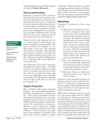 Page 2 ATTRA Edamame: Vegetable Soybean
speciﬁc production and marketing resources
are listed in Further Resources.
Harvest and Handling
Edamame is harvested 99 to 120 days
from planting, which can ﬁt well into exist-
ing crop rotation patterns. Hand harvest-
ing is preferred, but is costly. Equipment
to harvest edamame differs from that used
for other soybeans. Edamame may be har-
vested with the same equipment used for
green beans, although this can cause bruis-
ing and reduce marketable yield. A fresh
bean harvester causes approximately 24
percent loss and 5 percent bruising. (5)
Timing of the fresh edamame harvest
is a critical factor in determining con-
sumer acceptability and marketability. The
harvest window for edamame is very
short—only a few days. The optimum
time to harvest edamame is when the pods
are still green, immature, and tight with
fully developed immature green seeds, usu-
ally at 85 percent pod ﬁll. Chilling beans
for 3 to 10 hours after harvest helps pre-
serve quality. (3)
The appearance of the pod is extremely
important in the Asian market. The high-
est prices are paid for bright green pods
about 2.5 inches long and covered with
ﬁne, white or very light brown hairs, with
two or more bright green seeds with light-
colored hilum. (4) Blemished or damaged
pods and those with only one seed are
not acceptable. (2)
Organic Production
Many companies offer organic edamame
products. See www.soyfoods.org/products/
lists/retail_soybeans.html for a complete list-
ing. Since organic production of edam-
ame soybeans is much the same as organic
production of grain soybeans, request the
ATTRA publication Organic Soybean Pro-
duction for comprehensive information.
Marketers need to determine whether
organic certiﬁcation will add value to their
edamame. Direct marketers can simply
talk to their customers to determine how
much value would be added by organic
certiﬁcation. Indirect marketers can begin
investigating potential markets and buyers
in the Organic Trade Association’s Organic
Pages Online directory at www.ota.com.
For more information, request the ATTRA
publication Organic Marketing Resources.
Marketing
Edamame is marketed in three main
ways. (5)
Whole plants: Fresh beans are har-
vested by cutting the entire plant
at about two inches and bunching
stalks together in groups of four to
six plants. The top leaves and small
damaged pods are removed, while
whole plants with leaves, pods,
stems, and roots are packed in bun-
dles or in 25-pound wooden boxes
or cartons. This form is considered
the most desirable and brings the
highest prices, since Japanese con-
sumers believe this method best
preserves pod quality. (2)
Pod only: Marketable pods are
removed from the stalks and packed
and marketed in plastic net bags.
To maintain freshness, speedy har-
vesting and packaging is crucial.
Bean only: Beans are shelled and
marketed fresh or—more often in
the U.S.—frozen.
Edamame is also sometimes marketed as
bunches of beans in pods, called “hands.”
In the U.S., edamame is currently becom-
ing more popular, especially along the West
Coast, and seems to be moving from spe-
cialty to mainstream status. (4)
While frozen edamame imports into the
U.S. have grown rapidly since the 1990s,
very little frozen edamame is produced in
the United States. (2) Production is con-
centrated around the only two processors of
frozen edamame: Sunrich Foods in Minne-
sota and Seapoint Farms in California. (2)
Food brokers identify fresh edamame as the
highest in demand and hardest to ﬁnd, due
to its seasonal and local market only. (2)
There are probably fewer than 100 acres
•
•
•
Related ATTRA
Publications
Organic Soybean
Production
Organic Marketing
Resources
Edible Soybean
Production and
Marketing
 