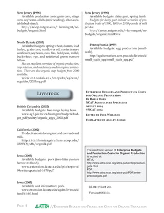 PAGE 4 //ENTERPRISE BUDGETS AND PRODUCTION COSTS FOR ORGANIC PRODUCTION
New Jersey (1996)New Jersey (1996)
Available production costs: grain corn, silage
corn, soybeans, alfalfa (new seeding), alfalfa (es-
tablished stand).
http://aesop.rutgers.edu/~farmmgmt/ne-
budgets/organic.html
North Dakota (2003)
Available budgets: spring wheat, durum, feed
barley, grain corn, sunﬂower oil, confectionery
sunﬂower, soybeans, oats, ﬂax, ﬁeld peas, millet,
buckwheat, rye, and rotational green manure
fallow.
Has an excellent overview of organic production,
crop rotation, and machinery used in organic produc-
tion. There are also organic crop budgets from 2000
available.
www.ext.nodak.edu/extpubs/agecon/
ecguides/2003org.pdf
Livestock
British Columbia (2002)
Available budgets: free-range laying hens.
www.agf.gov.bc.ca/busmgmt/budgets/bud-
get_pdf/poultry/organic_eggs_2002.pdf
California (2002)
Production costs for organic and conventional
milk.
http://californiaagriculture.ucop.edu/
0205SO/pdfs/orgmilk.pdf
Iowa (2003)
Available budgets: pork (two-litter pasture
farrow-to-ﬁnish).
www.extension.iastate.edu/ipic/reports/www.extension.iastate.edu/ipic/reports/
99swinereports/asl-1679.pdf
Iowa (2003)
Available cost information: pork.
www.extension.iastate.edu/agdm/livestock/www.extension.iastate.edu/agdm/livestock/
html/b1-80.html
New Jersey (1996)New Jersey (1996)
Available budgets: dairy goat, spring lamb.
Budgets for dairy goat include scenarios of pro-
duction levels of 1500, 1800 or 2100 pounds of milk
per doe.per doe.
http://aesop.rutgers.edu/~farmmgmt/ne-
budgets/organic.html#live
Pennsylvania (1999)
Available budgets: egg production (small-
scale).
http://agalternatives.aers.psu.edu/livestock/http://agalternatives.aers.psu.edu/livestock/
small_scale_egg/small_scale_egg.pdf
Enterprise Budgets and Production Costs
for Organic Production
By Holly Born
NCAT Agriculture Specialist
August 2004
©NCAT 2004
Edited by Paul Williams
Formatted by Ashley Rieske
The electronic version of Enterprise Budgets
and Production Costs for Organic Production
is located at:
HTML
http://www.attra.ncat.org/attra-pub/enterprisebud-
gets.html
PDF
http://www.attra.ncat.org/attra-pub/PDF/enter-
prisebudgets.pdf
RL 041/Slot# 264
Version#081104
 