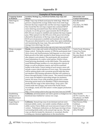 Examples of Farmscaping
Cropping System
& Problem
Location; Strategy (e.g. beneficial habitat, trap crop) and
Details
Researcher and
Contact Information
Stink bugs in
Pecans
Texas: Trap crop of black-eyed peas for stink bugs. When the
growers compared the average dollar losses from stink bugs
between the trap-cropped sites and the non-trap-cropped sites
they found that the non-trap-cropped sites sustained $29.29
more stink bug associated losses than did the trap-cropped
orchards. It cost the growers approximately $2,112.50 (about
$211.25/acre of peas) to establish and maintain the trap-cropped
peas. When spread over the 650 acres of the pecan farm being
affected by the presence of the trap crops, the growers spent
$3.25/acre (of pecans) to establish and maintain the trap crops.
The growers determined for every dollar they spent establishing
and maintaining the trap crops, they prevented $9.01 in kernel
damage from stink bugs. See also:
http://www.sarep.ucdavis.edu/cgi-win/sare/sare.exe/id=689
Kyle Brooksheir
Box 216
Van Horn, TX 79855
(915) 283-2506
Thrips on pepper
plants
Florida: Cover crops and weeds as beneficial insect habitat for
thrips control. During the summer of 1994 the participants tried
Alyce clover and Aeschynomene, both legumes, as cover crops.
Rank growth of the latter resulted in these being mowed soon
after peppers were planted. The participants also monitored
insect populations in a native weed species, Wedelia triloata,
found growing abundantly on the ditch banks. This particular
weed harbored large numbers of a non-destructive species of
thrips, as well as predatory insects, and will be examined
further in the future. Future testing of such nursery areas will
include a more critical selection of cover crops. The researchers
will be seeking plants with a prostrate growth habit that does
not interfere with farming operations and that will continue to
flower through Florida’s winter season. The research found that
cover crops are helpful in providing refuges for predatory
insects, but more covers with prostrate growth and a winter
flowering period need to be identified. USDA entomologists
predict that the range of the melon thrips, Thrips palmi, will
extend north into Georgia, and west to the Pacific Ocean.
Accordingly, nearly all of the nation’s winter pepper production
is at risk.
http://www.sarep.ucdavis.edu/cgi-win/sare/sare.exe/id=687
Ted & Trudy Winsberg
Green Cay Farms
Rt. 1 Box 331B
Boynton Beach, FL 33437
(407) 499-5345
Establishing
Hedgerows as
Beneficial Insect
Habitat
California: perennial plants and native grasses as hedgerows for
beneficial insect habitat for various row crops.
Mary Kimble
221 W. Court St., Ste. 1
Woodland, CA 95695
(530) 662-2037 ext. 3
Lygus bug on
strawberries
California: Annual trap crop of one dormant and one semi-
dormant alfalfa variety, two radish varieties (Daikon and the
edible variety Cherry Belle) and sweet alyssum (Carpet of Snow
variety). Preliminary indications are that lygus moving in from
surrounding fields settle on the annual trap cop mix. The trap
crop can then be treated by chemicals or vacuumed, thereby
avoiding any chemical applications to the strawberries.
Sean Swezey/Polly
Goldman
U.C. Santa Cruz
Santa Cruz, CA
(831) 755-2889
This pending draft legislation, being considered for passage in 2001, may have significant
opportunities for farms to implement sustainable practices in the future. Due to the nature of this
legislation, we felt it important to include draft language of the legislation in this document to provide
sustainable agriculture practitioners with information about a possible future resource.
Conservation Security Act 2000
Summary: The Conservation Security Act (CSA) of 2000 provides financial assistance to help farmers and
ranchers find viable solutions to agricultural, environmental, and economic concerns. The CSA rewards
producers for good stewardship in appreciation of the many nonmarket environmental and social benefits that
these practices provide society. The Act balances federal funding for conservation on working lands with
existing funding for land retirement, providing farmers access to payments for whole-farm resource planning.
Conservation Purposes: The Conservation Security Program (CSP) created by the CSA addresses the full
range of conservation concerns related to agriculture, including:
" conservation of soil, water, energy, and other related resources
" soil, water, and air quality protection and improvement
" on-farm conservation and regeneration of plant germplasm
" wetland and wildlife habitat restoration, conservation, and enhancement
" greenhouse gas emissions reduction and carbon sequestration
" and other similar conservation goals
Participation: Participation in the program stipulates that land practices must achieve resource and
environmental benefits, but does not require the removal of land from production. Practices do not need to be
newly introduced to the farm/ranch; producers can be rewarded for good stewardship practices implemented
prior to enrollment in the CSP. Participants are responsible for developing conservation security plans that
identify targeted resources, practices, and implementation schedules. Participants are granted maximum
flexibility for choosing land management, vegetative, and structural practices suitable for individual farms. In
certain instances, the plan may include an on-farm research or demonstration component.
Tiers: Participants have the choice of enrolling in one of three tiers:
" Tier I participants address priority resource concerns on all or part of their farms/ranches. Practices
may include soil and residue management, nutrient management, pest management, irrigation
management, grazing management, wildlife habitat management, contour farming, strip cropping, cover
cropping, and related practices.
" Tier II participants address priority resource concerns on the whole farm/ranch and meet applicable
resource management system criteria. Tier II practices entail adoption of land use adjustment practices
such as resource-conserving crop rotations, rotational grazing, conversion to soil-conserving practices,
installing conservation buffer practices, restoration of wildlife habitats, prairies, and/or wetlands, and
other related practices.
" Tier III participants satisfy the requirements of tiers I and II, while integrating land use practices into a
whole-farm, total-resource approach that fosters long-term sustainability of the resource base.
Payment and Eligibility: Payments are based on the natural resource and environmental benefits expected
from plan implementation, the number and timing of management practices established, income forgone due to
land use adjustments, costs related to on-farm research, and several other factors. Bonuses are also offered to
beginning farmers, joint participation by operators within a small watershed, and plans that optimize carbon
sequestration and minimizes greenhouse gas emissions. Payments may not exceed $20,000, $35,000, and
$50,000 for Tier I, II, and III contracts, respectively.
Funding: The program is funded out of the Commodity Credit Corporation and all eligible producers will
receive contract payments for the requisite number of years. CCC funding is also provided for technical
assistance, education and outreach, and monitoring and evaluation.
Appendix D
ATTRA// Farmscaping to Enhance Biological Control Page 30 ATTRA// Farmscaping to Enhance Biological Control Page 11
 