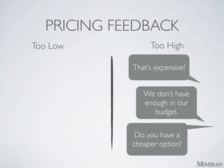PRICING FEEDBACK
Too Low          Too High

            That’s expensive!


               We don’t have
               enough in our
                  budget.

             Do you have a
            cheaper option?
 