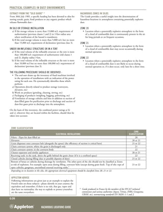 Hazardous Locations GUIDE
G:26
Practical examples in dust environments
Extract from the "Silo guide" *
From 30th July 1985, a specific heading has been devoted to silos for
storing cereals, grain, food products or any organic product which
releases flammable dust :
In silo or storage installation
a)	If the storage volume is more than 15,000 m3, requirement of
authorization (previous classes 1 and 2) in 3 Km radius area
where notification of the hazard is mandatory.
b)	If the total storage volume is more than 5,000 m3, but no more
than 15,000 m3, requirement of declaration (previous class 3).
Under an inflatable structure or in a tent
	 a)	If the total volume of the inflatable structure or the tent is more
	 	 than 100,000 m3: requirement of authorization (old classes 1 	
	 	 and 2), display radius 3 km.
	 b)	If the total volume of the inflatable structure or the tent is more
		 than 10,000 m3 but no more than 100,000 m3: requirement of 	
	 	 declaration (previous class 3).
The following procedure should be observed :
•	 The end-user draws up the inventory of fixed machines involved
in the operation of installations with an indication of the power
rating for each one. He systematically identifies those which
perform:
a)	Operations directly related to product storage (conveyors,
elevators, etc)
b)	Work on products (grinding, cleaning, sieving, etc)
c)	Packaging of products (weighing, bagging, pulverizing, etc)
d)	Ventilation of storage cubicles and bins in addition to suction of
dust-filled gases for purification prior to discharge and suction of
dust-free gases prior to discharge into the atmosphere.
On the basis of this inventory, the combined power ratings at b)
and c), wherever they are located within the facilities, should then be
taken into account.
Hazardous Zones in silos
The Guide provides a useful insight into the determination of
hazardous locations in atmospheres containing potentially explosive
dust.
Zone 20
•	 Location where a potentially explosive atmosphere in the form
of a cloud of combustible dust is continuously present in the air
for long periods or on frequent occasions.
Zone 21
•	 Location where a potentially explosive atmosphere in the form
of a cloud of combustible dust may occur occasionally during
normal operation.
Zone 22
•	 Location where a potentially explosive atmosphere in the form
of a cloud of combustible dust is not likely to occur during
normal operation or, if it does occur, only lasts for a short time.
Appleton advice
Following informations are given just as an example to explain the
French rules on those subjects : please identify in your country the
equivalent and remember, if there is no rule, that gas, vapor and
dust have no nationality: the way to explode or protect yourselves
are the same everywhere.
Zone classification
Electrical installations
Zone
classification
Filters - Pipes for dust-filled air 20
Elevators 20 or 21
Grain dispenser onto conveyor belt (alongside the spout) (the efficiency of suction is critical here) 21 or 22
Chain conveyor system: where the grain is discharged only 21
Chain conveyor system: in the conveyor body 22
Cleaner-separator and similar appliances 20 or 21
Receiving tank: in the tank, above the grille behind the grain chute (if it is a confined space) 22
Closed cubicles during filling (due to possible deposits of dust) 21 or 22
Bottom of boxes or cubicles during drainage by ventilation. The other parts of the silo should not be classified as Zones
at risk of explosion. For example: open areas during filling, conveyor belts (except during grain feed). Top of silo: tops of
open cubicles, gangways, unconfined external receiving tanks."
21 or 22
Depending on its location in the silos, the appropriate electrical equipment should be classified Zone 20, 21 or 22.
*	 Guide produced in France by the members of the FFCAT technical
commission and various authorities (Apave, Véritas, INRS, Groupama,
CRAM, etc), summarizing standards EN 50281-1-1 and 2.
 