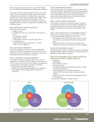 Hazardous Locations Guide
G:3
Hazardous Atmospheres
Electrical energy plays an important role in your daily life whether
you are involved in studying, designing or implementing installations.
This energy can become a danger to daily life. This can occur when
energy is used in any industry or warehouse which stores, processes
and manufactures products such as : hydrocarbons, gases, paints,
varnishes, glues, resins, perfumes, cleaning products, rubber, textiles,
plastics, powders, grains, dusts from various origins... There is
thus a high explosion risk with serious consequences for personnel,
equipment and the environment. We talk about an atmosphere with
an explosion hazard.
WHAT CONDITIONS WILL CREATE AN EXPLOSION ?
Three elements are required : 	
	 1- Oxygen in the air. 	
	 2- An inflammable substance, mixed with air. This substance
		 can be :
	 	 •	gas (methane, acetylene), 	
	 	 •	liquid (petrol, solvent), 	
	 	 •	solid (sulphur, wood dust, sugar dust, grains dust...). 	
	 3- 	 An ignition source : 	
	 	 •	with sufficient energy, an electrical arc or a spark,
	 	 •	and/or a rise in temperature.
WHAT IS AN EXPLOSIVE ATMOSPHERE ?
An explosive atmosphere results from a mixture of inflammable
substances in the form of gas, vapors, mist or dust with air in such
proportions that excessive temperature, an electrical arc, spark or any
other energy ignition source produces an explosion.
WHAT IS A POTENTIALLY EXPLOSIVE ATMOSPHERE ?
An atmosphere is defined as potentially explosive when its usual
composition is not explosive, but due to unforeseen circumstances, it
can vary to such an extent that it becomes explosive (the danger exists
as a potential state). Foreseeable circumstances are as follows :
	 • various stages of a manufacturing process, 	
	 • incidents or accidents (rupture of a pipe-line, leak, supply loss),
	 • meteorological conditions (high ambient temperature, air
movements).
WHAT IS MINIMUM IGNITION ENERGY ?
The minimum quantity of energy which must be introduced locally
(in the form of a flame, spark, shock, friction, etc) to cause ignition of
an explosive atmosphere. The majority of industrial ignition sources
contain much higher energy levels than this minimum ignition
energy, which is always low (from tens of microjoules for gas and
vapors to hundreds of millijoules for dusts).
WHAT IS THE SELF-IGNITION TEMPERATURE ?
The self-ignition temperature or spontaneous ignition temperature
is the minimum temperature at which an explosive atmosphere can
spontaneously ignite. The energy required to start a flame can be
changed to thermal form by an increase in the temperature of the
mixture.
WHAT IS THE EXPLOSIVE LIMIT OF AN INFLAMMABLE PRODUCT ?
The ignition of a product depends on its concentration in the air.
It can be produced within a range between two limits :
	 1- lower explosive limit (LEL) of a gas, vapor or dust in the air is
the minimum concentration above which the mixture could
ignite.
	 2- upper explosive limit (UEL) of a gas, vapor or dust is the
maximum concentration under which the mixture could ignite.
WHAT IS THE FLASH POINT OF A LIQUID ?
The flash point is the minimum temperature at which an inflammable
liquid emits sufficient vapors to reach the LEL in the gaseous phase in
equilibrium with the explosive atmosphere.
WHAT TYPES OF SUBSTANCES, GASES, LIQUIDS OR VaporS CAN
PRODUCE AN EXPLOSION ? IN GENERAL, THESE ARE :
	 •	 heating gas, 	
	 •	 hydrocarbons, 	
	 •	 glue and adhesive solvents, 	
	 •	 varnishes and resins, 	
	 •	 manufacturing additives for pharmaceutical products, artificial
dyes, aromas and perfumes, 	
	 •	 manufacturing agents for the following materials : 	 	
plastics, rubbers, man-made textiles and chemical cleaning
products, 	
	 •	 products used in the treatment and manufacturing of alcohols
and derivatives...
> Gas and Vapor Classification : see pages G:24-25.
Dusts Gas and vapors
s12/01/95F s12/01/95F
To produce an explosion, three elements are required simultaneously: oxygen in the air, one or several flammable substances and a
source of ignition.
 