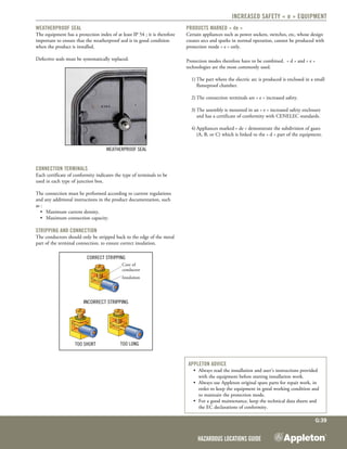 Hazardous Locations Guide
G:39
Increased Safety « e » equipment
Weatherproof seal
The equipment has a protection index of at least IP 54 ; it is therefore
important to ensure that the weatherproof seal is in good condition
when the product is installed.
Defective seals must be systematically replaced.
Weatherproof seal
Connection terminals
Each certificate of conformity indicates the type of terminals to be
used in each type of junction box.
The connection must be performed according to current regulations
and any additional instructions in the product documentation, such
as :
	 •	 Maximum current density,
	 •	 Maximum connection capacity.
Stripping and connection
The conductors should only be stripped back to the edge of the metal
part of the terminal connection, to ensure correct insulation.
Correct stripping
Incorrect stripping
Too short Too long
Core of
conductor
Insulation
Products marked « de »
Certain appliances such as power sockets, switches, etc, whose design
creates arcs and sparks in normal operation, cannot be produced with
protection mode « e » only. 
Protection modes therefore have to be combined.  « d » and « e »
technologies are the most commonly used.
1)	The part where the electric arc is produced is enclosed in a small
flameproof chamber.
2)	The connection terminals are « e » increased safety.
3)	The assembly is mounted in an « e » increased safety enclosure
and has a certificate of conformity with CENELEC standards.
4)	Appliances marked « de » demonstrate the subdivision of gases
(A, B, or C) which is linked to the « d » part of the equipment.
Appleton advice
•	 Always read the installation and user’s instructions provided
with the equipment before starting installation work.
•	 Always use Appleton original spare parts for repair work, in
order to keep the equipment in good working condition and
to maintain the protection mode.
•	 For a good maintenance, keep the technical data sheets and
the EC declarations of conformity.
 