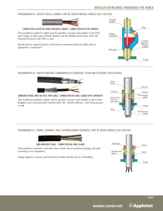 Hazardous Locations Guide
G:41
Installation methods throughout the world
Predominant in : United States, Canada, part of South America, Middle East, Far East
Conductors placed in a rigid threaded conduit : connection via a fire barrieR.
Fibre dam
Threaded
conduit
Sealing
compound
Flag
Conduit
nipples or
threaded
conduit
Casing
This installation method is widely used by specifiers, investors and installers in the USA
and Canada, as well as part of South America and the Middle and Far East, where the
National Electrical Code NEC is used.
Special seals are required, known as fire barrier connections which are filled with an
appropriate « compound ».
Predominant in : United Kingdom, Commonwealth countries, Spain and offshore applications
Armoured braid, wire or steel tape cable : connection via cable gland earth continuity.
Casing
Outer
sheath
Grip nut
Armour lock
cone and
earth clamp
Body
Grip nut
Armour
Weatherproof
sheath
Weatherproof
gasket
This installation method is widely used by specifiers, investors and installers in the United
Kingdom and Commonwealth countries where the « British influence » and wiring practice
is used.
Predominant in : France, Germany, Italy, Eastern Europe countries, part of Africa, Middle East, Far East
Non armoured cable : connection via cable gland.
Weatherproof
gasket
Body
Casing
Head
Half ﬂanges
This installation method is used when there is little risk of mechanical damage and earth
continuity is not compulsory.
Design engineers, investors and contractors mainly used this due to its flexibility.
 