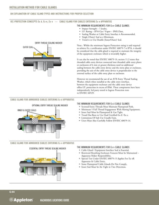 Hazardous Locations GUIDE
G:44
Installation method for Cable Glands
An explanation of Cable Gland types and instructions for proper selection
IEC protection concepts Ex d, Ex e, Ex n — Cable Gland for Cables entering Ex e Apparatus
Outer Seal
Entry Thread Sealing Washer
The Minimum Requirements for Ex e Cable Glands
•	 Impact Strength – 7 Joules,
•	 I.P. Rating – IP54 Gas / Vapor – IP6X Dust,
•	 Sealing Washer at Cable Entry Interface is Recommended,
•	 Single (Outer) Seal as a Minimum,
•	 Trend is to Use Double (Inner/Outer) Seal.
Note : Whilst the minimum Ingress Protection rating is said required
to achieve Ex e certification under EN/IEC 60079-7 is IP54, it should
be considered that the cable gland is required to maintain the integrity
of the equipment enclosure which is invariably higher.
It can also be noted that EN/IEC 60079-14, section 11.3 states that
threaded cable entry devices connected into threaded cable entry plates
or enclosures of 6 mm or greater thickness need no additional
sealing between the cable entry device and the entry plate or enclosure,
providing the axis of the cable entry device is perpendicular to the
external surface of the cable entry plate or enclosure.
However we recommend the use of an ATX Entry Thread Sealing
Washer, which when installed at the cable entry interface,
between the equipment enclosure and the cable entry device
offers I.P. protection in excess of IP66. These components have been
independently 3rd party tested in Ingress Protection tests
to EN/IEC 60529.
Cable Gland for Armoured Cables entering Ex d Apparatus
Inner & Outer Seals
Optional Entry Thread Sealing Washer
The Minimum Requirements for Ex d Cable Glands
•	 Screwed Entry Threads Must Maintain Flameproof Path,
•	 Minimum 5 Full Thread Engagement With Mating Equipment,
•	 Inner Seal Must be Flameproof & Gas Tight,
•	 Trend Has Been to Use Dual Certified Ex d / Ex e,
•	 Limitations Of Safe Use Usually Exist,
•	 Users Must Also Carefully Follow EN/IEC 60079-14.
Cable Gland for Armoured Cables entering Ex n Apparatus
Essential Entry Thread Sealing Washer
The Minimum Requirements for Ex n Cable Glands
•	 Cable Gland / Equipment Interface Seal is Essential,
•	 Restricted Breathing Enclosure Features Must be Maintained –
Apparatus Maker Responsibility,
•	 Special Test Under EN/IEC 60079-15 Applies For Ex nR
Apparatus & Cable Entry,
•	 Some Flameproof Cable Glands Do Not Comply,
•	 Inner Seal Must be Air Tight in Two Directions.
 
